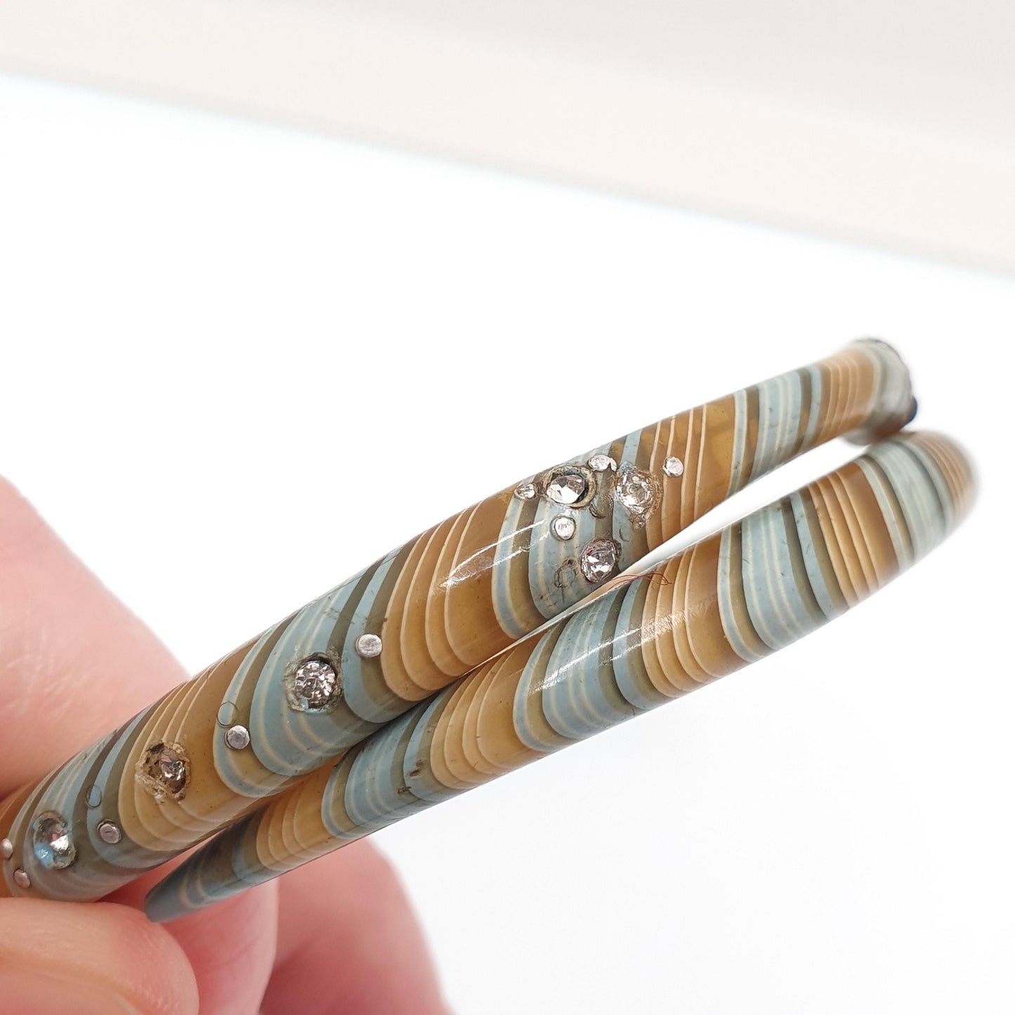 Antique Snake Slave Bangle Bracelet Art Deco Spiral Early Plastic Diamond Paste Green Blue Murano Style Serpent Vintage Jewellery Jewelry