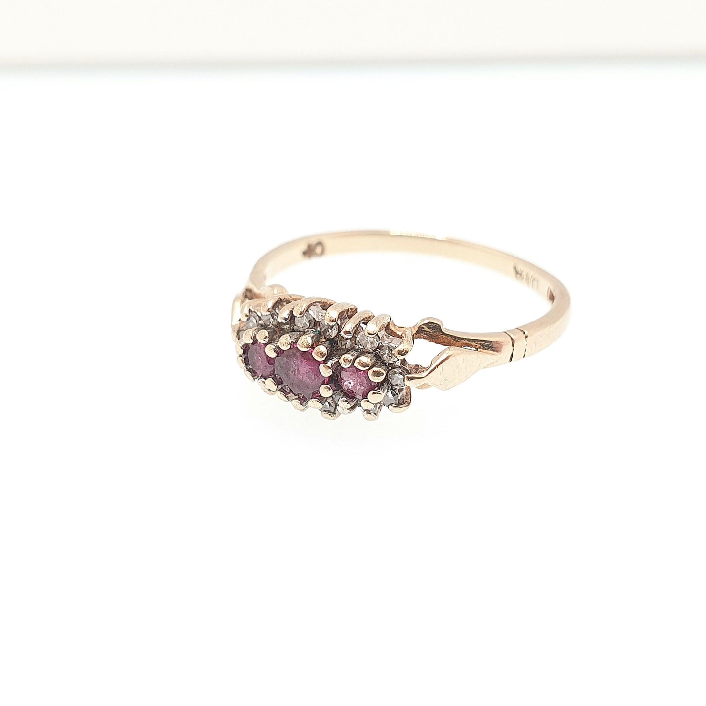 Vintage 9k 9ct Gold Ruby & Diamond Ring Trilogy Hallmarked Solid 375 9kt Fine Estate Red Gemstone Real Genuine Womens Jewelry Jewellery