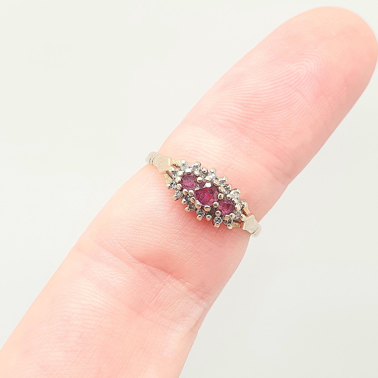 Vintage 9k 9ct Gold Ruby & Diamond Ring Trilogy Hallmarked Solid 375 9kt Fine Estate Red Gemstone Real Genuine Womens Jewelry Jewellery