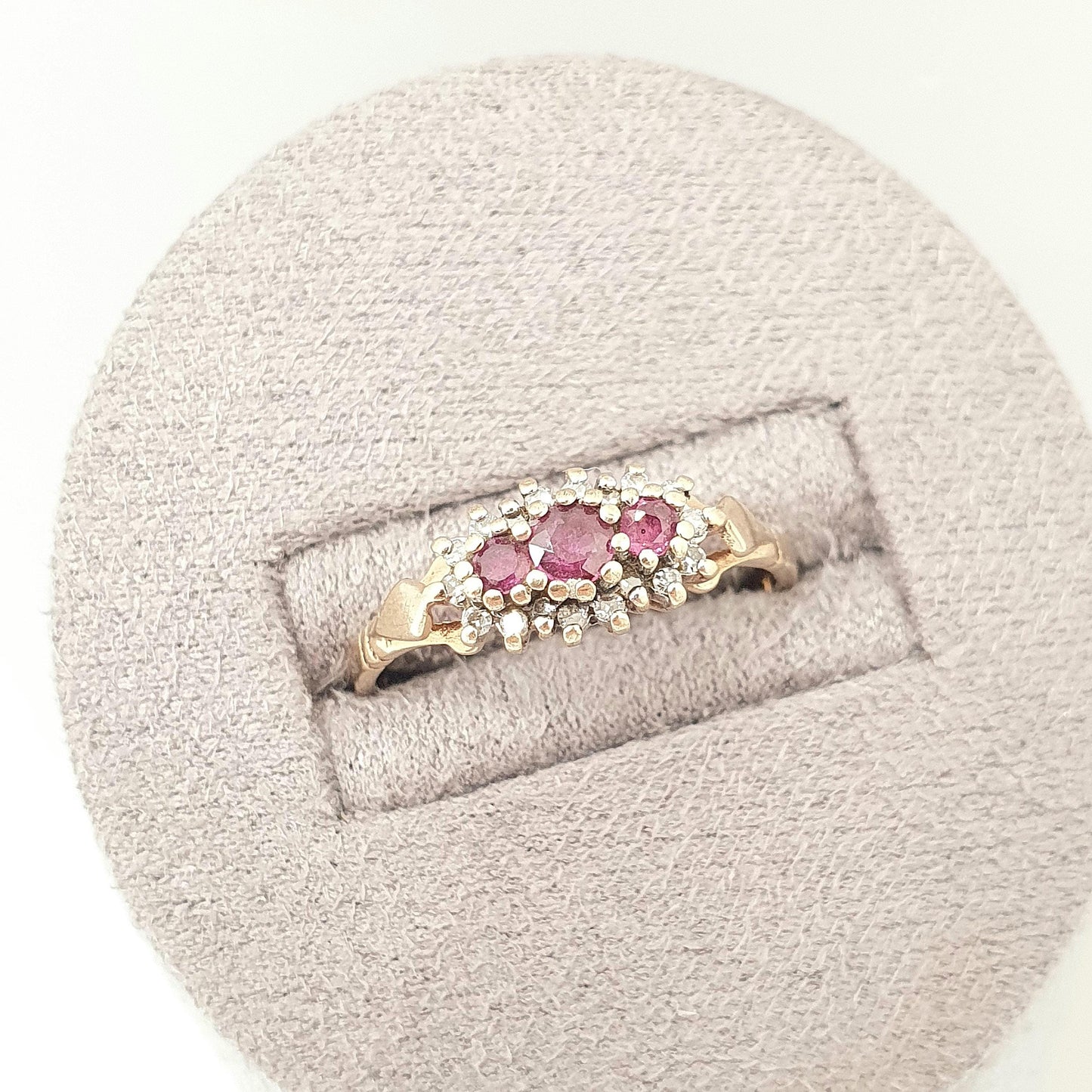 Vintage 9k 9ct Gold Ruby & Diamond Ring Trilogy Hallmarked Solid 375 9kt Fine Estate Red Gemstone Real Genuine Womens Jewelry Jewellery