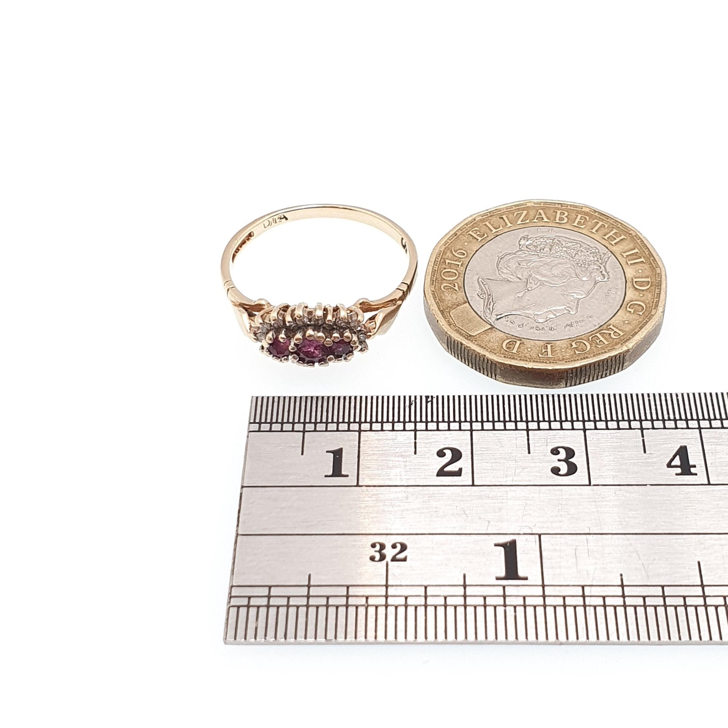 Vintage 9k 9ct Gold Ruby & Diamond Ring Trilogy Hallmarked Solid 375 9kt Fine Estate Red Gemstone Real Genuine Womens Jewelry Jewellery