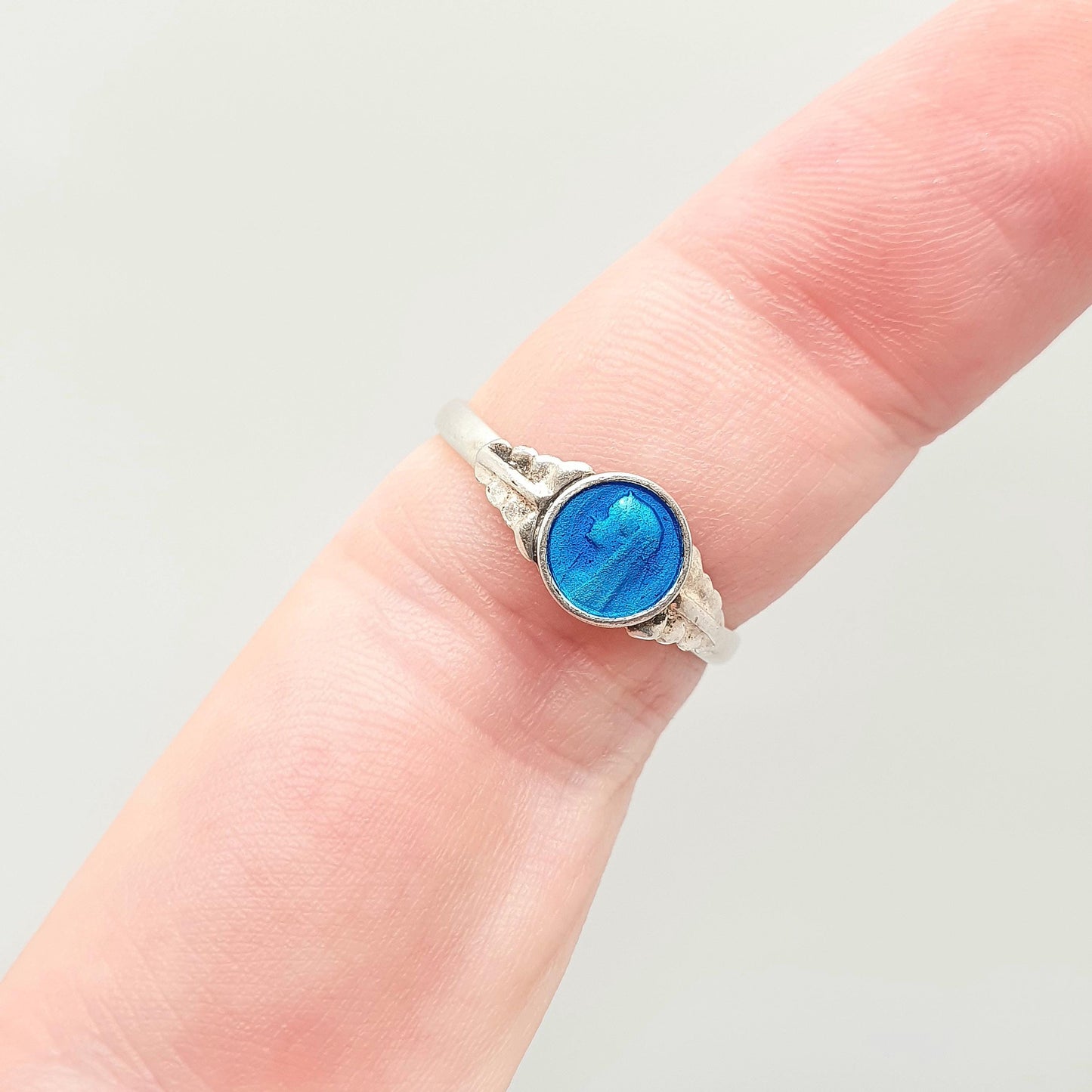 Antique Enamel Virgin Mary Ring Silver Plate Mother Mary Blue Religious Signet Catholic Christian Vintage 1910s Womens Jewelry Jewellery