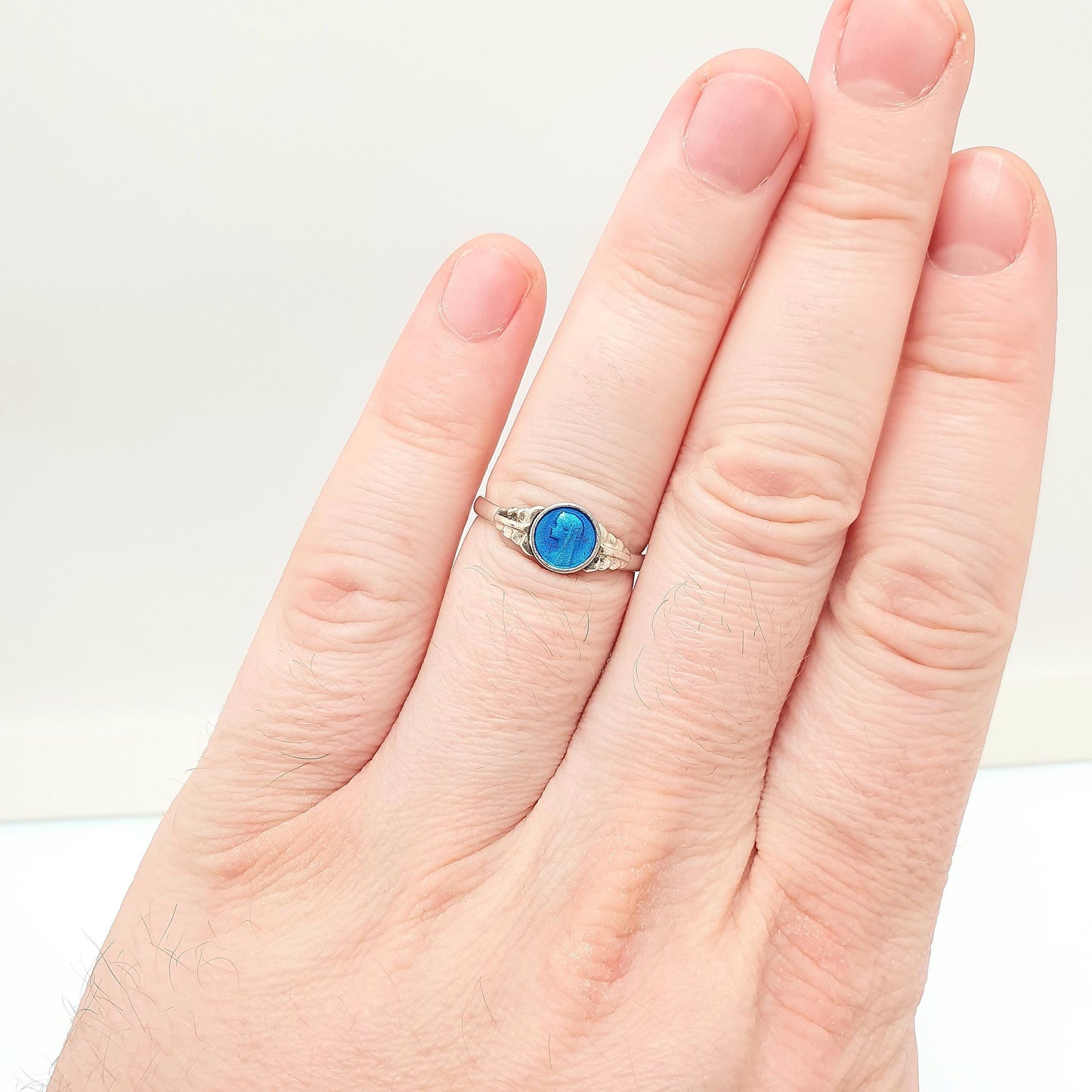 Antique Enamel Virgin Mary Ring Silver Plate Mother Mary Blue Religious Signet Catholic Christian Vintage 1910s Womens Jewelry Jewellery