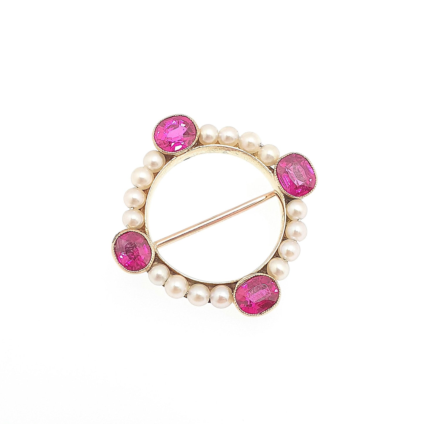 Antique 15ct Gold Ruby Brooch Cultured Pearl Solid 625 15 Carat Edwardian Genuine Gemstone Wreath Cluster Vintage Jewelry Womens Jewellery