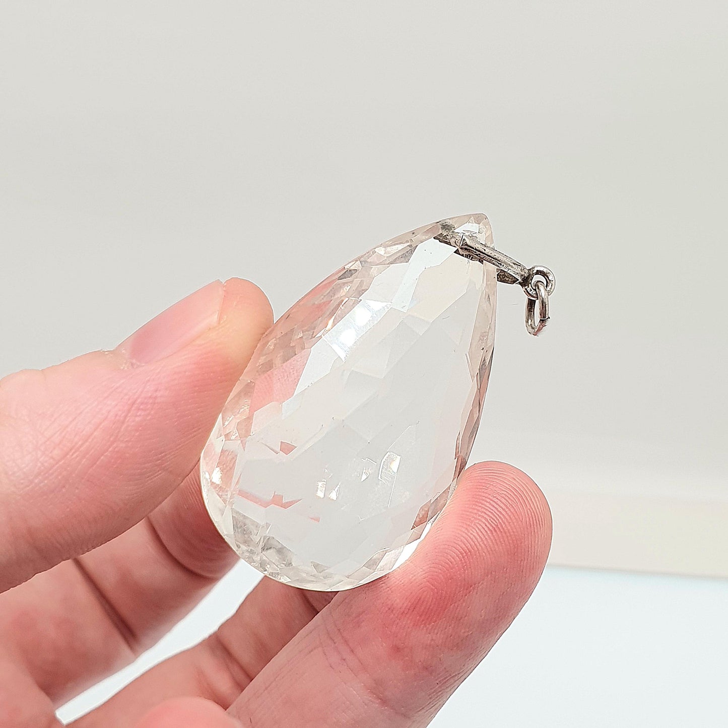 Antique Solid Silver Clear Quartz Pendant Necklace Rock Crystal Art Deco Large Big Pear 1920s Gemstone White Style Womens Jewelry Jewellery