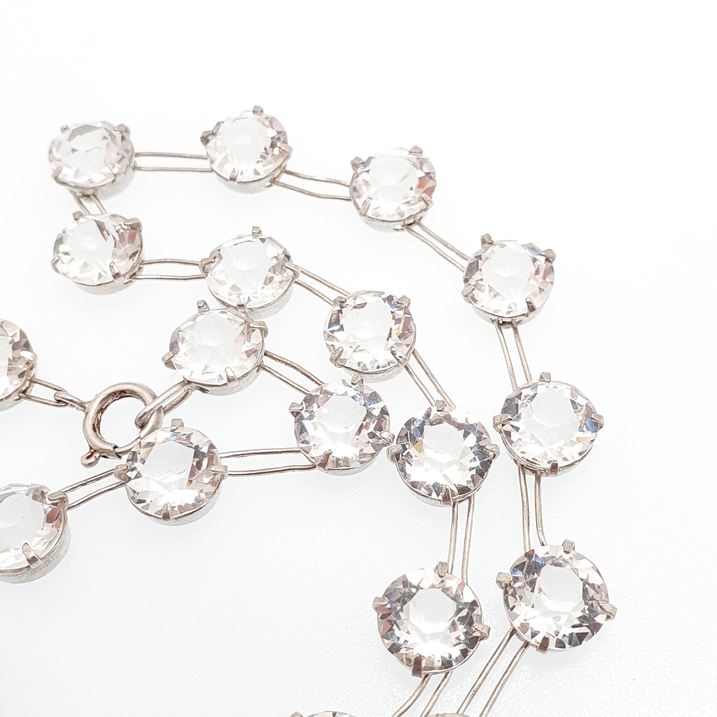 Antique Sterling Silver Diamond Paste Riviera Necklace Choker Large White Pastes Round Cut Art Deco Sparkly Womens Vintage Jewelry Jewellery