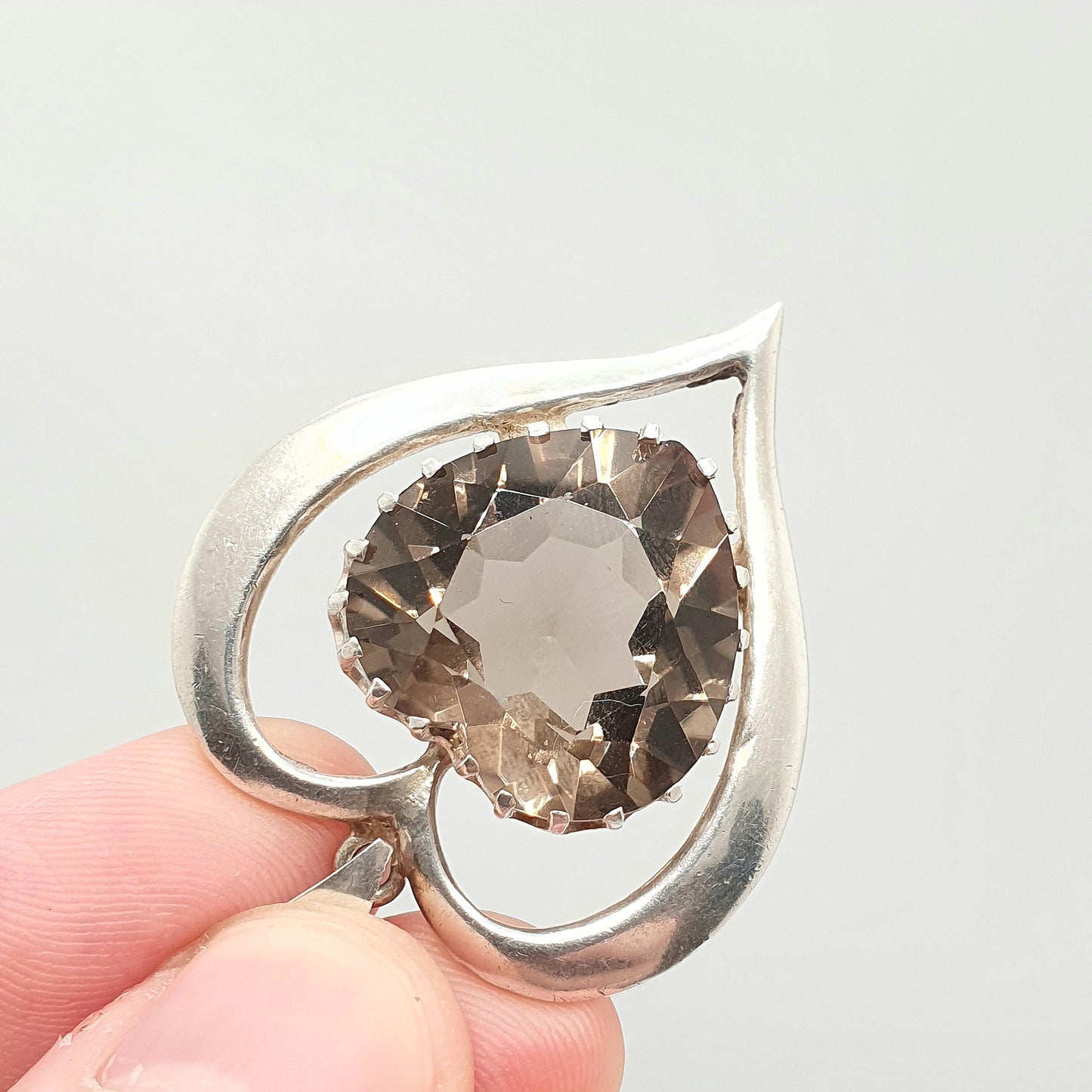 Vintage Solid Silver Smoky Quartz Heart Necklace Pendant Very Large Big Heart Cut Heavy Chunky Ladies Womens Jewelry Jewellery