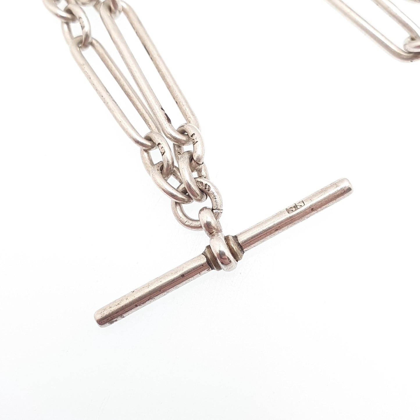 Antique Victorian Sterling Silver Staple Link T Bar Necklace Albert Chain Trombone Churchill Dog Clip 31.86g 56cm Long Old Vintage Jewelry
