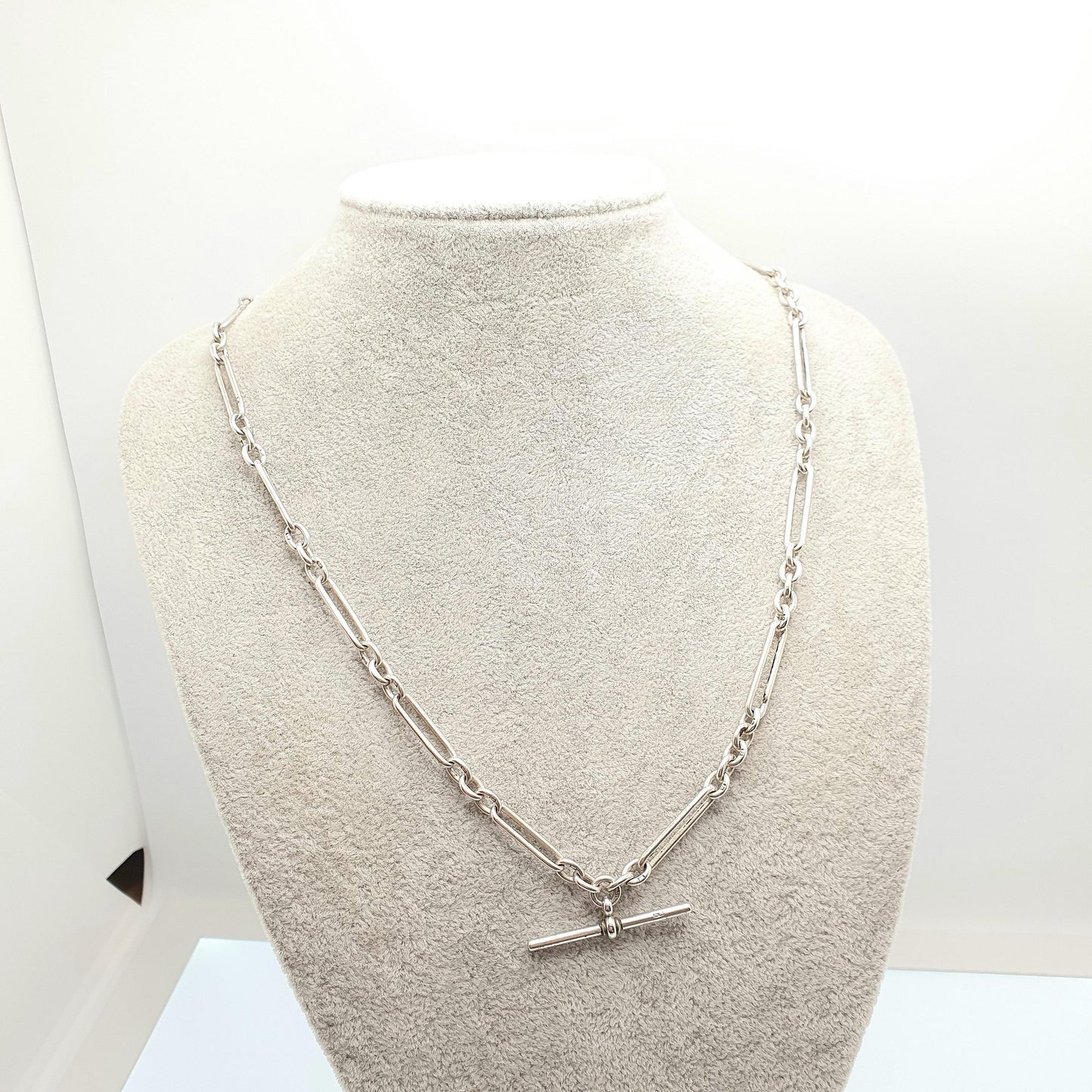 Antique Victorian Sterling Silver Staple Link T Bar Necklace Albert Chain Trombone Churchill Dog Clip 31.86g 56cm Long Old Vintage Jewelry