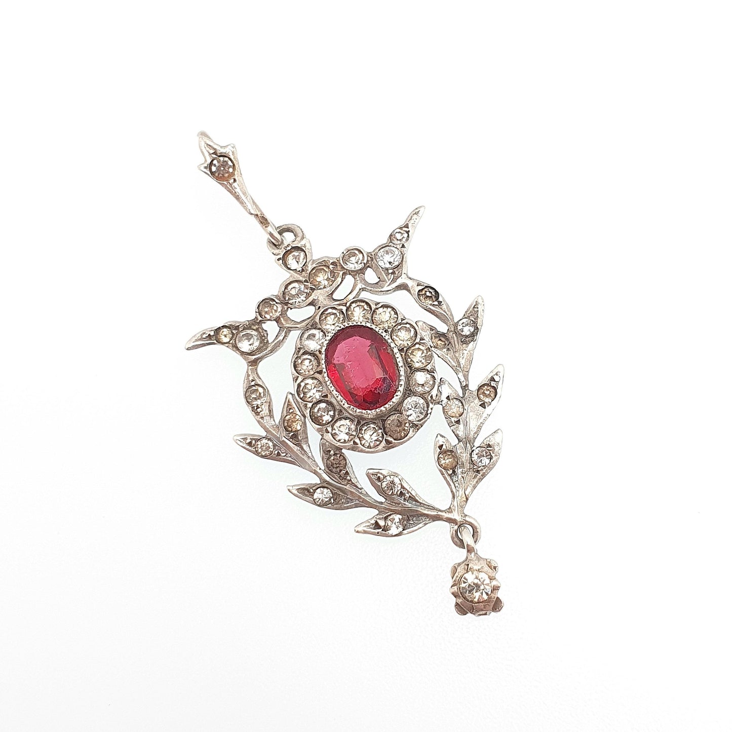 Antique Solid Silver Ruby Diamond Paste Pendant Art Nouveau Necklace Oval Cut Hanging Rare Fine Vintage Womens Jewellery Jewelry