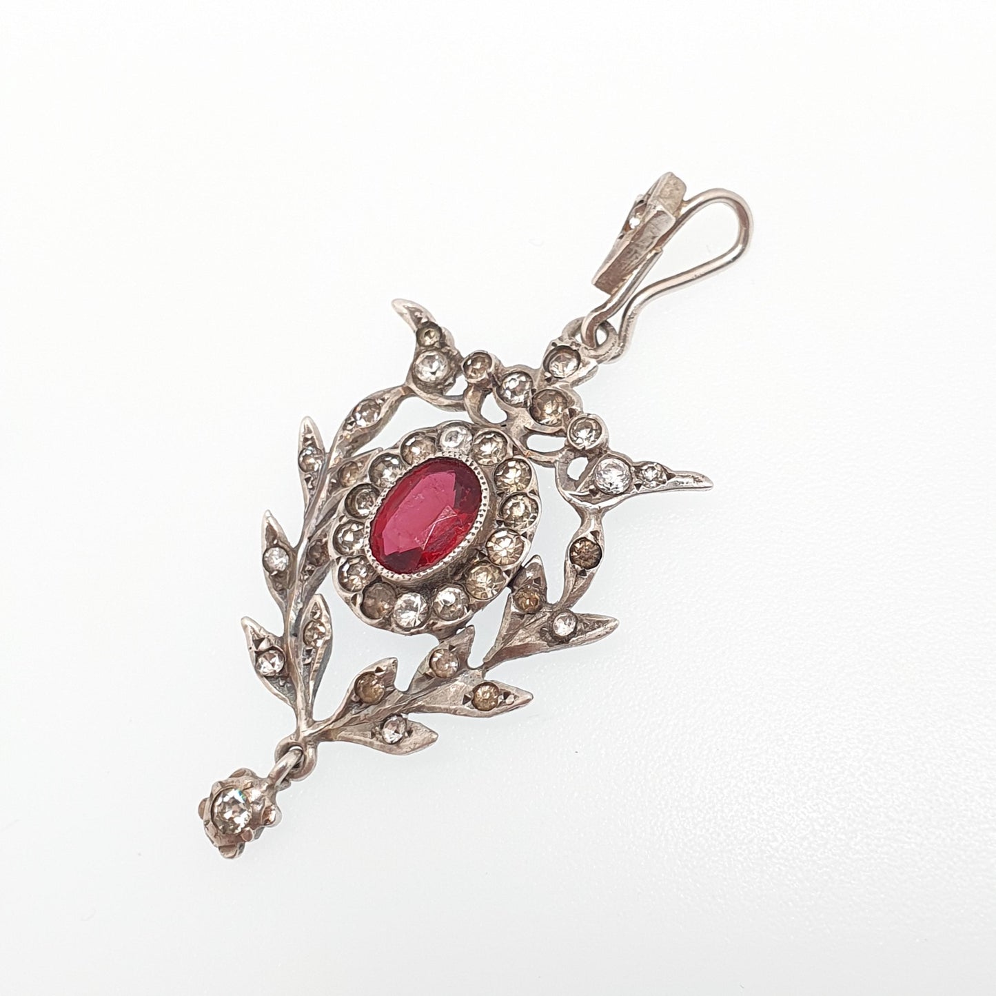 Antique Solid Silver Ruby Diamond Paste Pendant Art Nouveau Necklace Oval Cut Hanging Rare Fine Vintage Womens Jewellery Jewelry