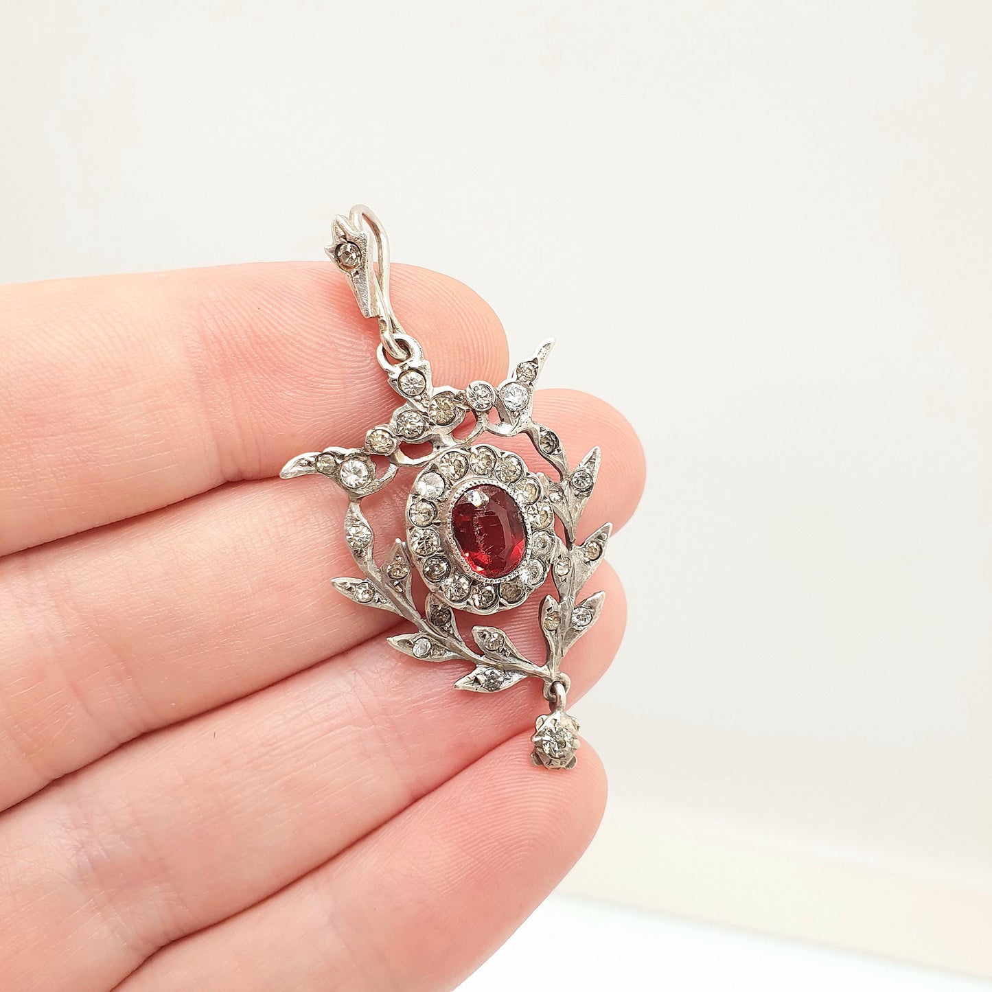 Antique Solid Silver Ruby Diamond Paste Pendant Art Nouveau Necklace Oval Cut Hanging Rare Fine Vintage Womens Jewellery Jewelry