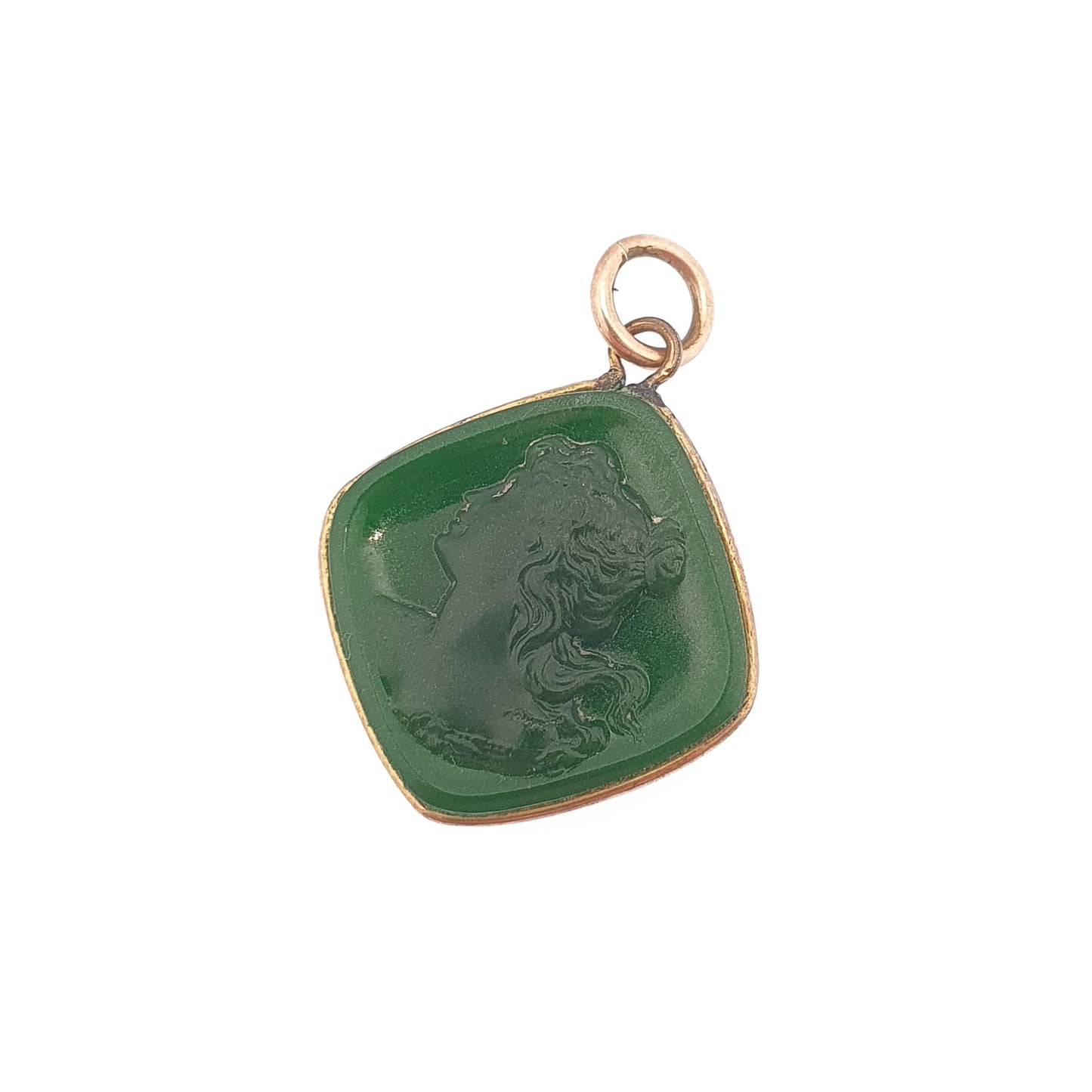 RESERVED/SOLD DON Antique Victorian Glass Cameo Pendant Green Glass Faux Chrysoprase Gold Gilt Necklace Square 1800s