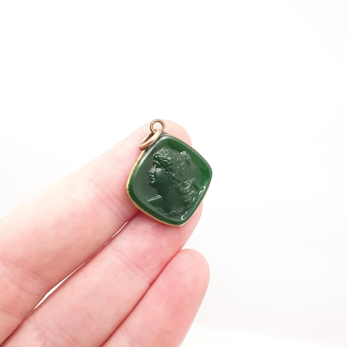 RESERVED/SOLD DON Antique Victorian Glass Cameo Pendant Green Glass Faux Chrysoprase Gold Gilt Necklace Square 1800s