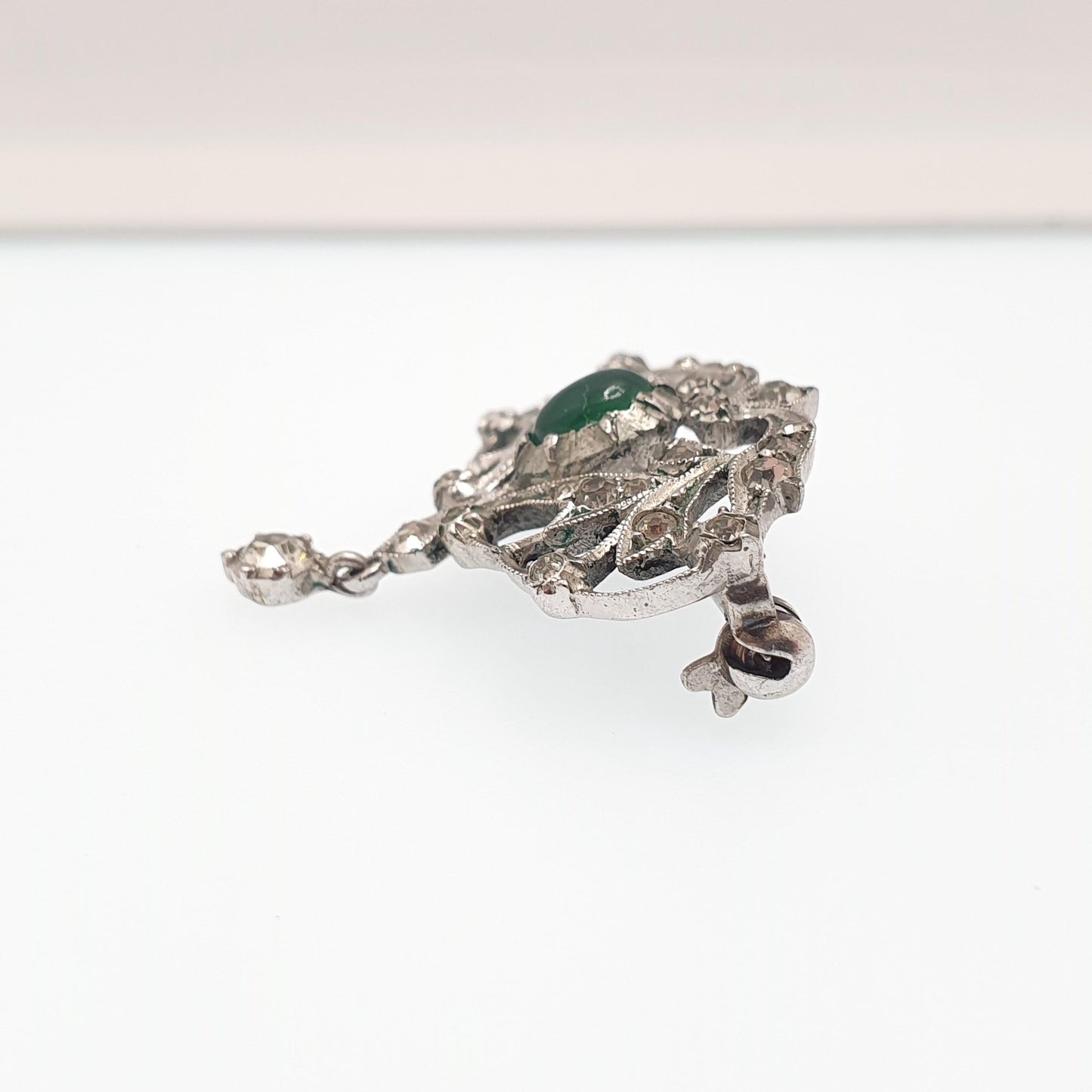 Antique Solid Silver Chrysoprase Brooch Diamond Paste Hanging Drop Art Nouveau Vintage Sparkly Oval Cut Ladies Womens Jewelry Jewellery