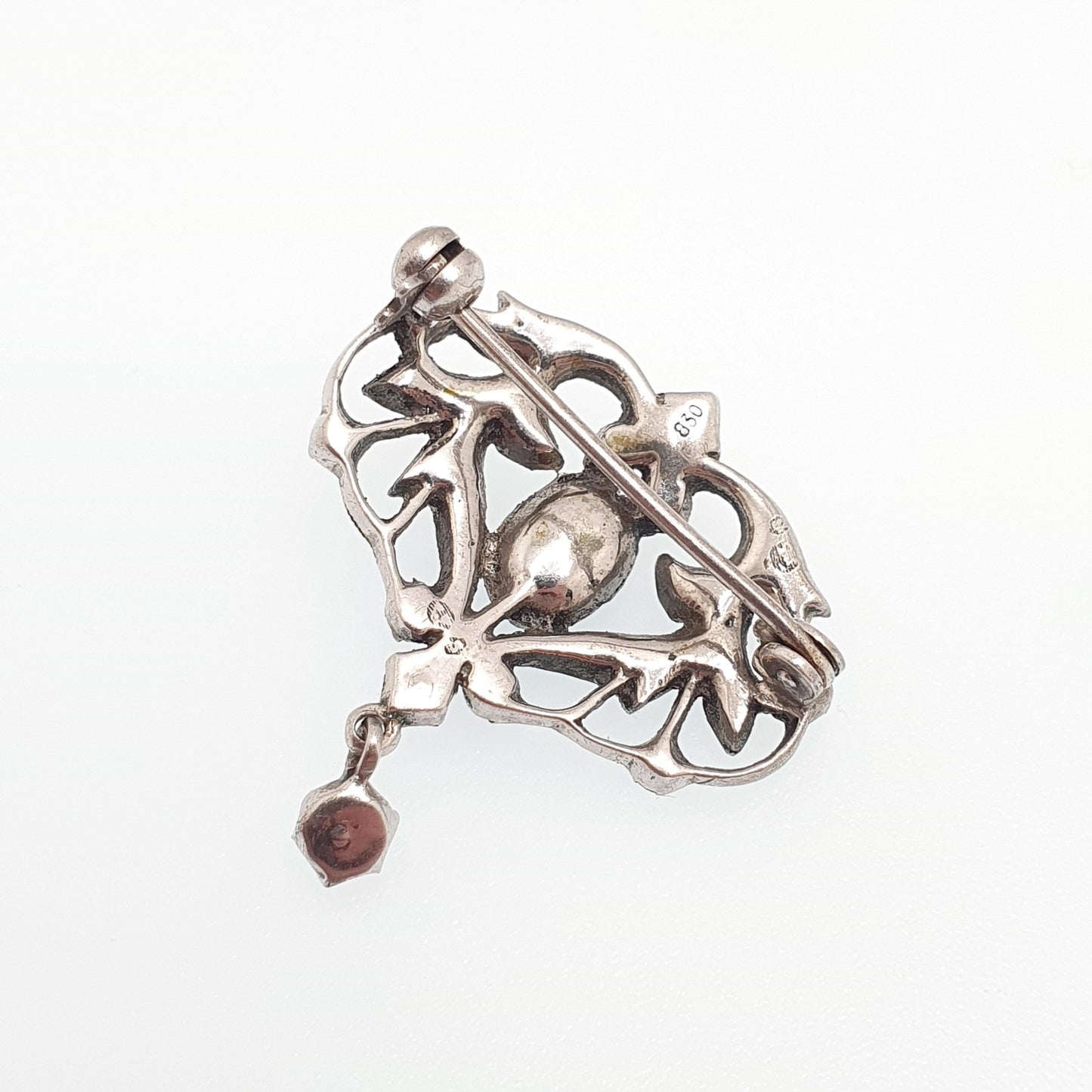 Antique Solid Silver Chrysoprase Brooch Diamond Paste Hanging Drop Art Nouveau Vintage Sparkly Oval Cut Ladies Womens Jewelry Jewellery