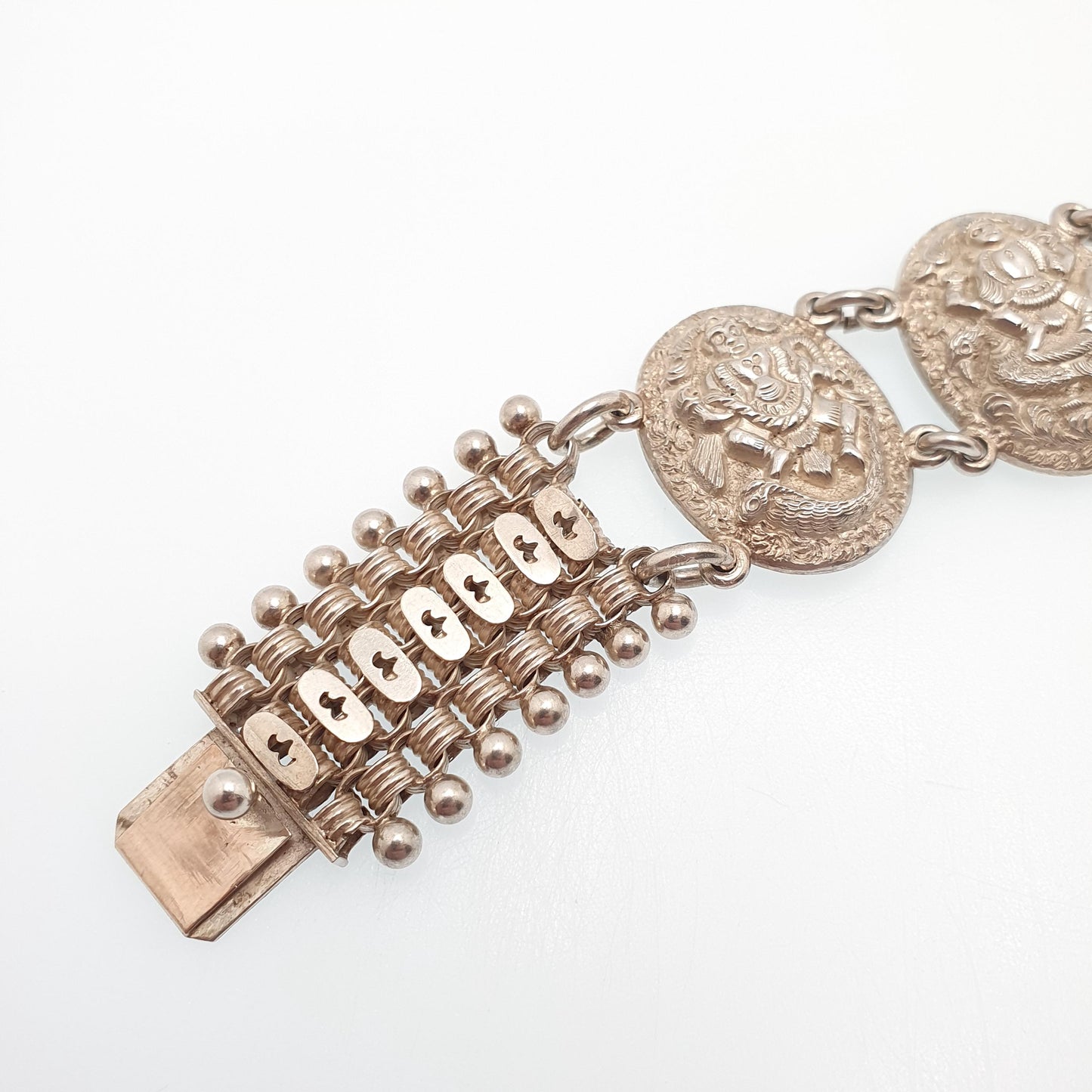 Antique Victorian Solid Silver Bracelet Hindu Deity Hanuman Indian Beaded Pierced Book Chain Rolo Belcher Vintage Womens Jewellery Jewelry