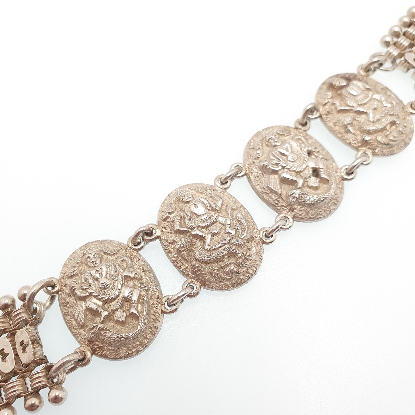 Antique Victorian Solid Silver Bracelet Hindu Deity Hanuman Indian Beaded Pierced Book Chain Rolo Belcher Vintage Womens Jewellery Jewelry