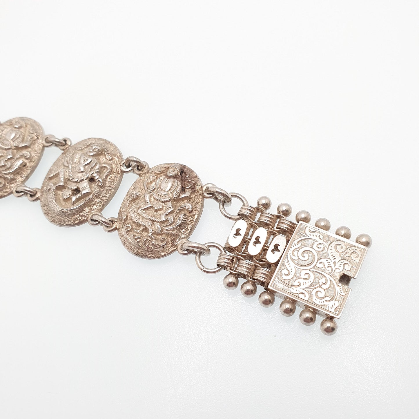 Antique Victorian Solid Silver Bracelet Hindu Deity Hanuman Indian Beaded Pierced Book Chain Rolo Belcher Vintage Womens Jewellery Jewelry