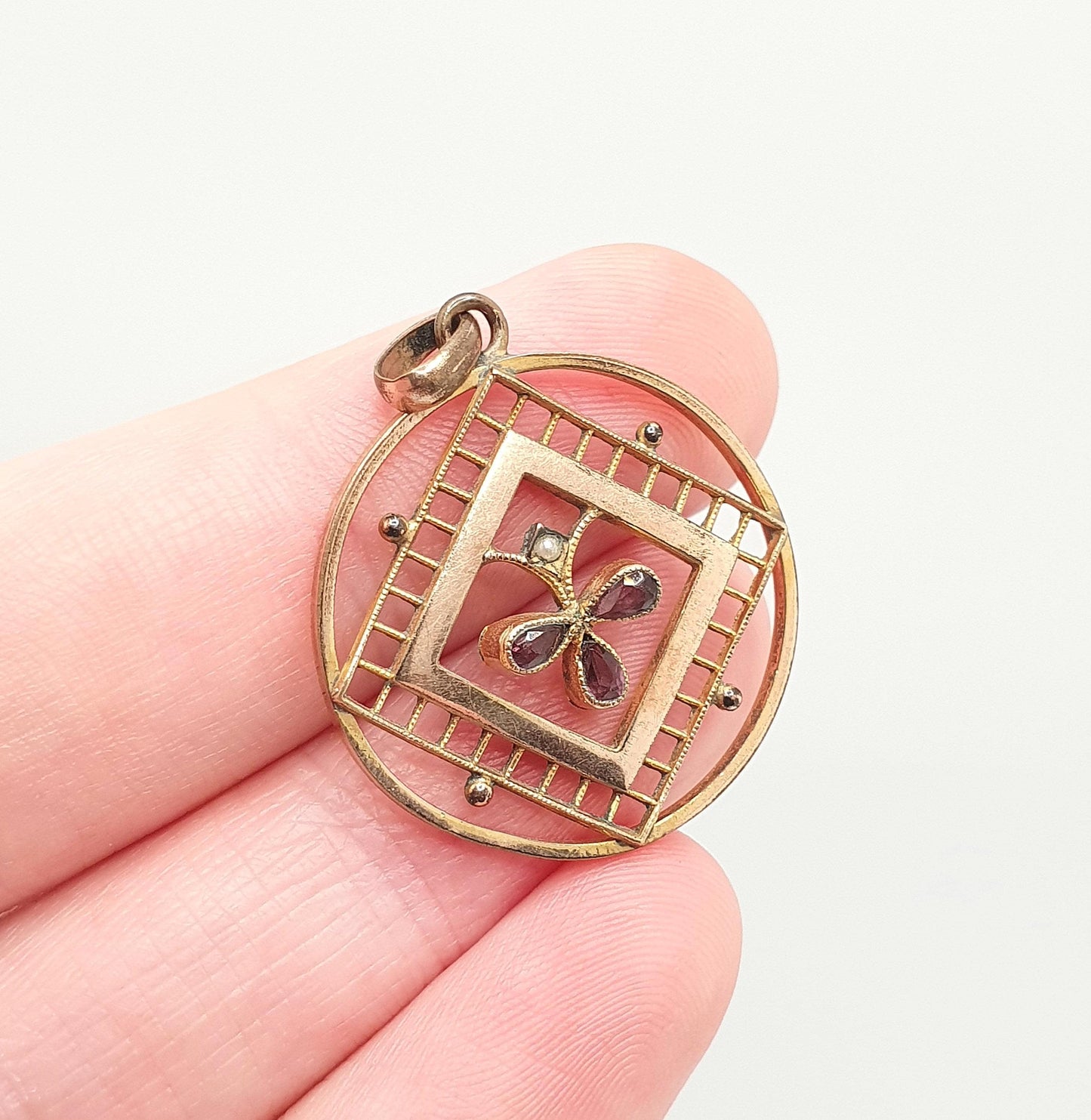 Antique Rolled Gold Amethyst Paste Necklace Pendant Seed Pearl Edwardian Art Nouveau Openwork Rose Gold Filled Vintage Jewellery Jewelry