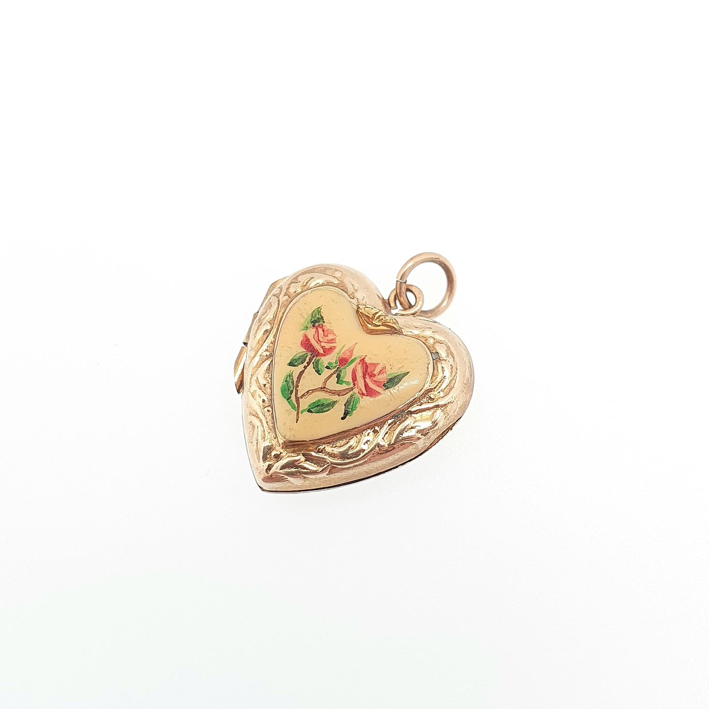Antique 9ct Gold Heart Locket Enamel Flower Small Cute Engraved Solid 9k 375 Pendant Fine Back & Front Necklace Jewelry Womens Jewellery