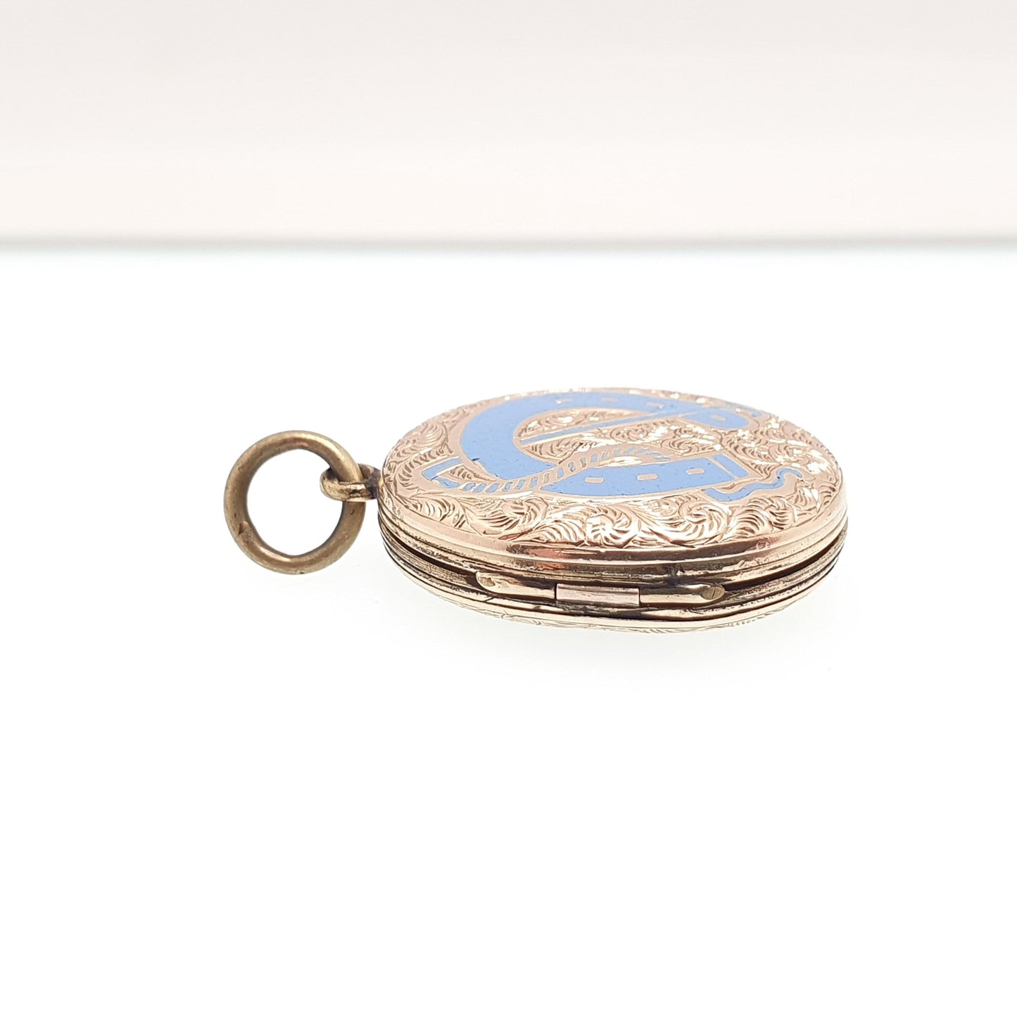 Antique Victorian 9ct 9k Gold Locket Horseshoe Sky Blue Enamel Necklace Pendant Solid Back & Front Good Luck Lucky Womens Jewelry Jewellery