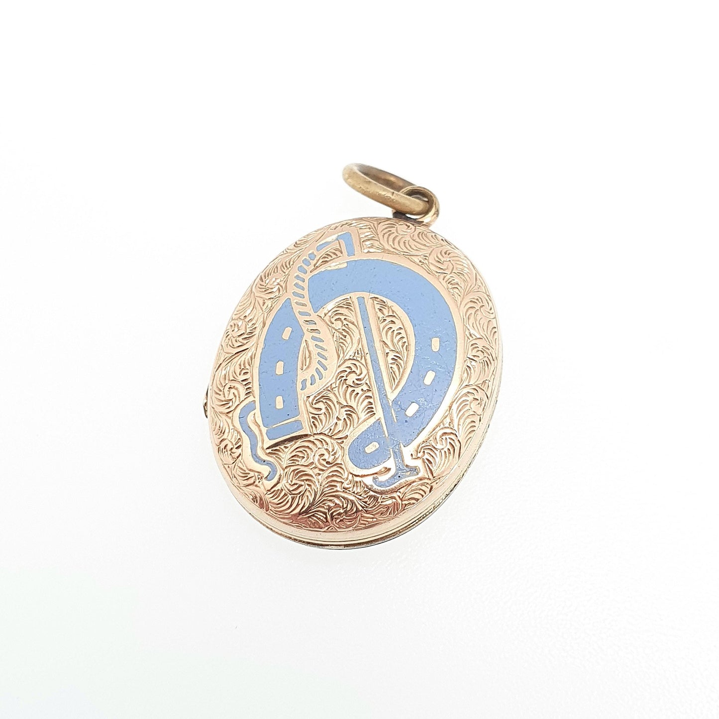 Antique Victorian 9ct 9k Gold Locket Horseshoe Sky Blue Enamel Necklace Pendant Solid Back & Front Good Luck Lucky Womens Jewelry Jewellery