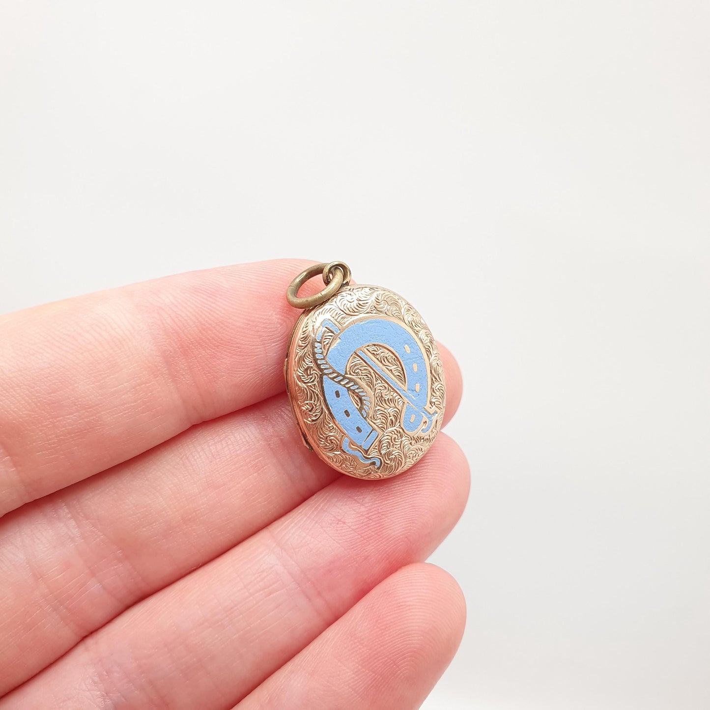 Antique Victorian 9ct 9k Gold Locket Horseshoe Sky Blue Enamel Necklace Pendant Solid Back & Front Good Luck Lucky Womens Jewelry Jewellery