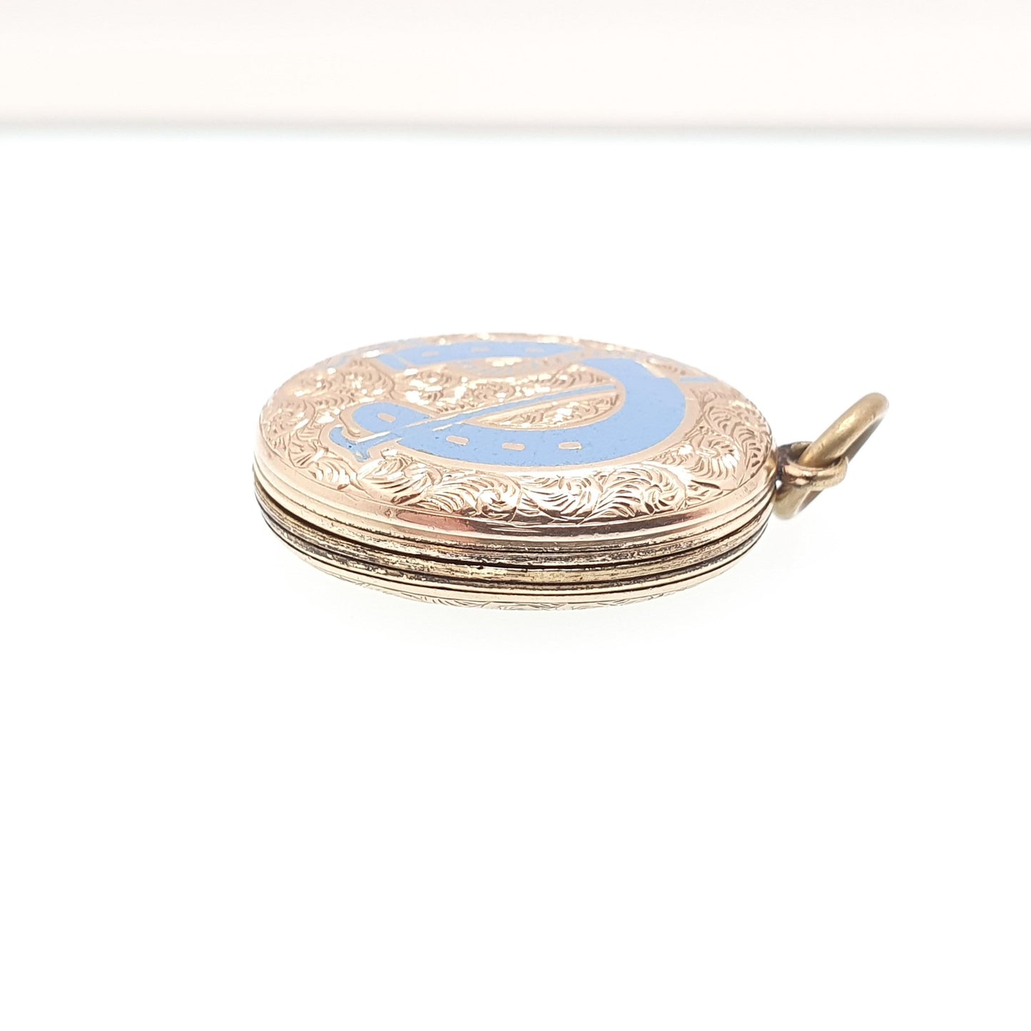Antique Victorian 9ct 9k Gold Locket Horseshoe Sky Blue Enamel Necklace Pendant Solid Back & Front Good Luck Lucky Womens Jewelry Jewellery