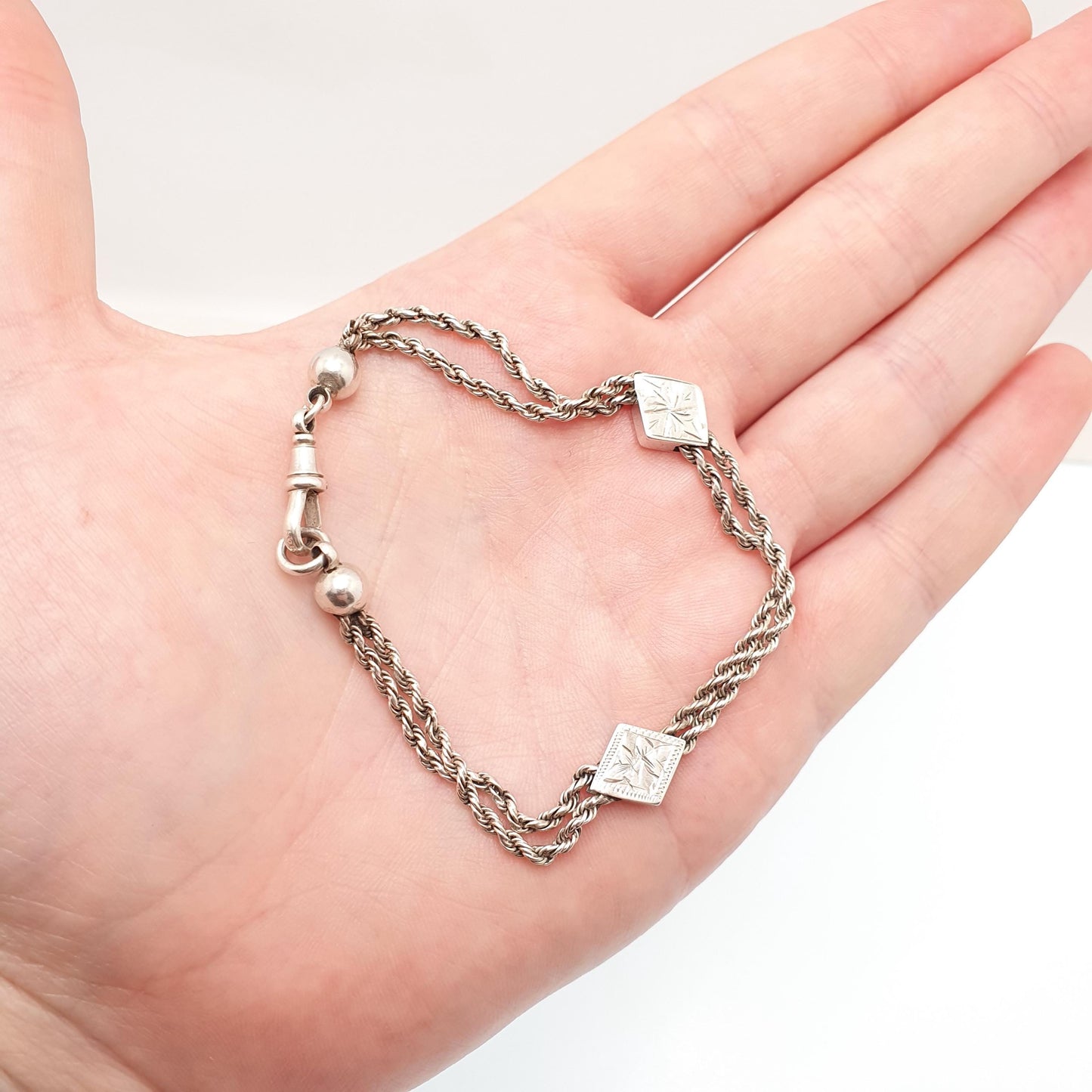 Antique Solid Silver Albertina Bracelet Victorian Kite Spacer Rope Link Engraved Chain 9.70g 20.5cm Vintage Gift Womens Jewelry Jewellery