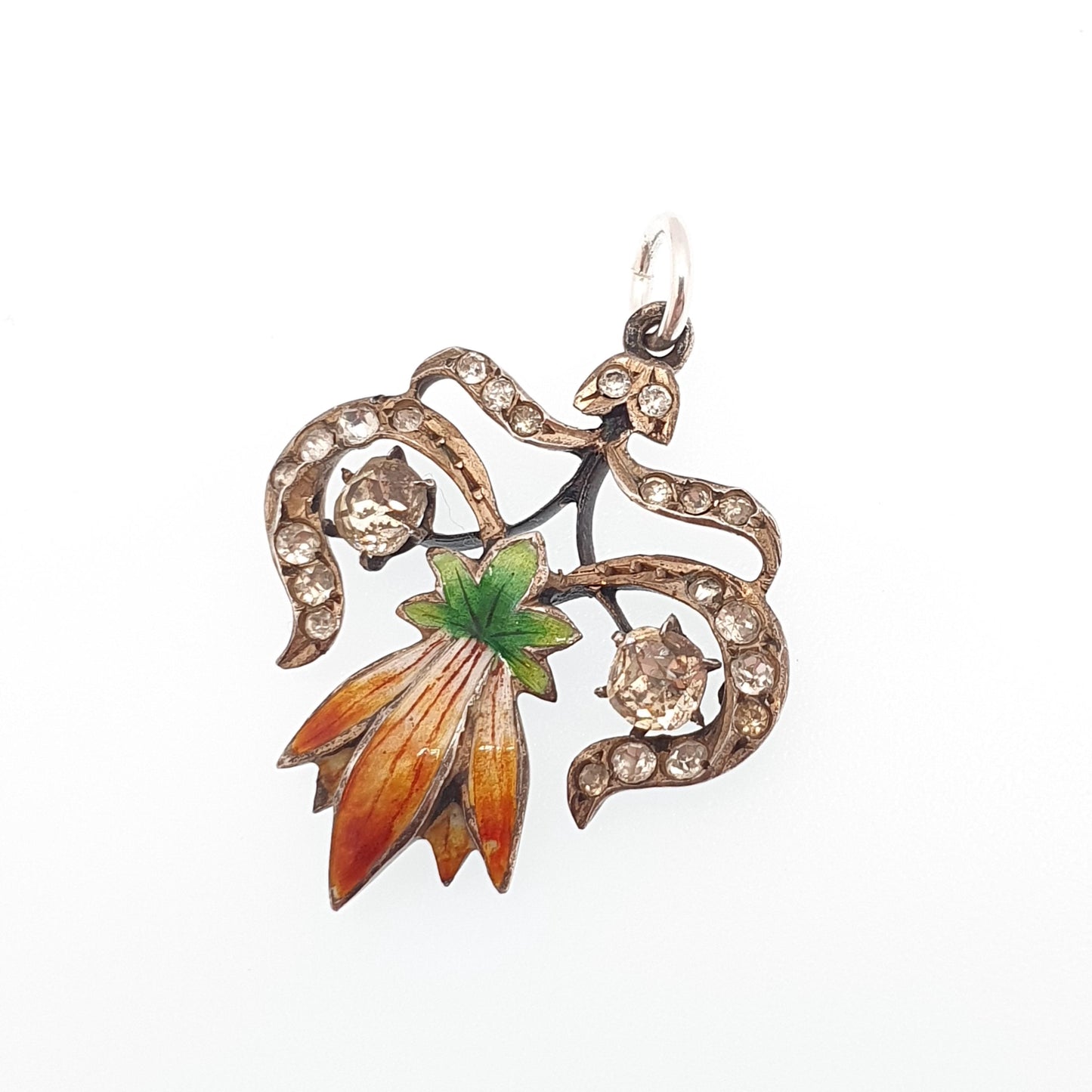 Antique Victorian Solid Silver Diamond Paste Necklace Pendant Enamel Flower Colourful Fine Art Nouveau Sparkly Vintage Jewellery Jewelry