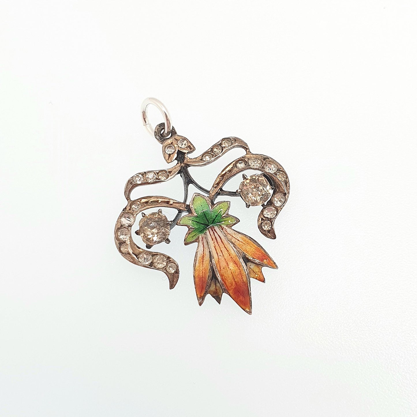Antique Victorian Solid Silver Diamond Paste Necklace Pendant Enamel Flower Colourful Fine Art Nouveau Sparkly Vintage Jewellery Jewelry