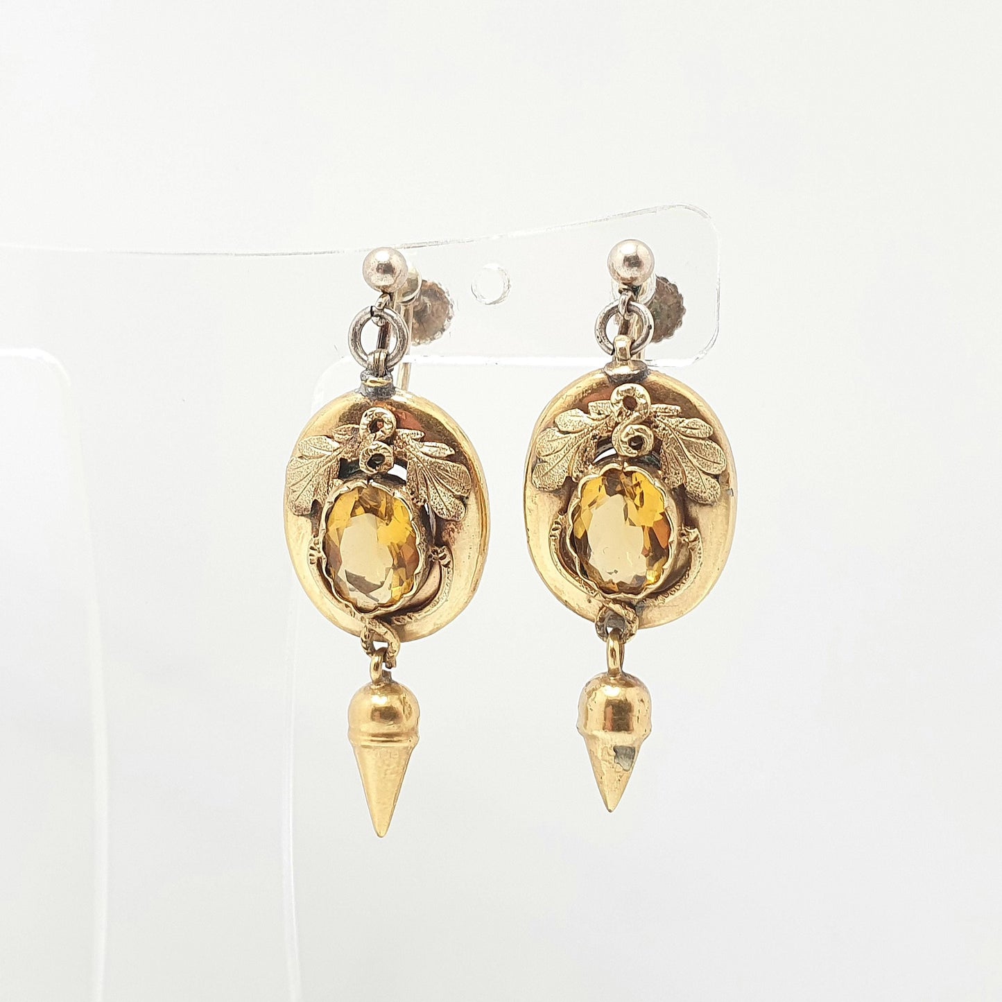 Antique Victorian Rolled Gold Citrine Paste Earrings Hanging Tassel Drop Gold Filled Oval Cut Etruscan Vintage Womens Jewellery Jewelry