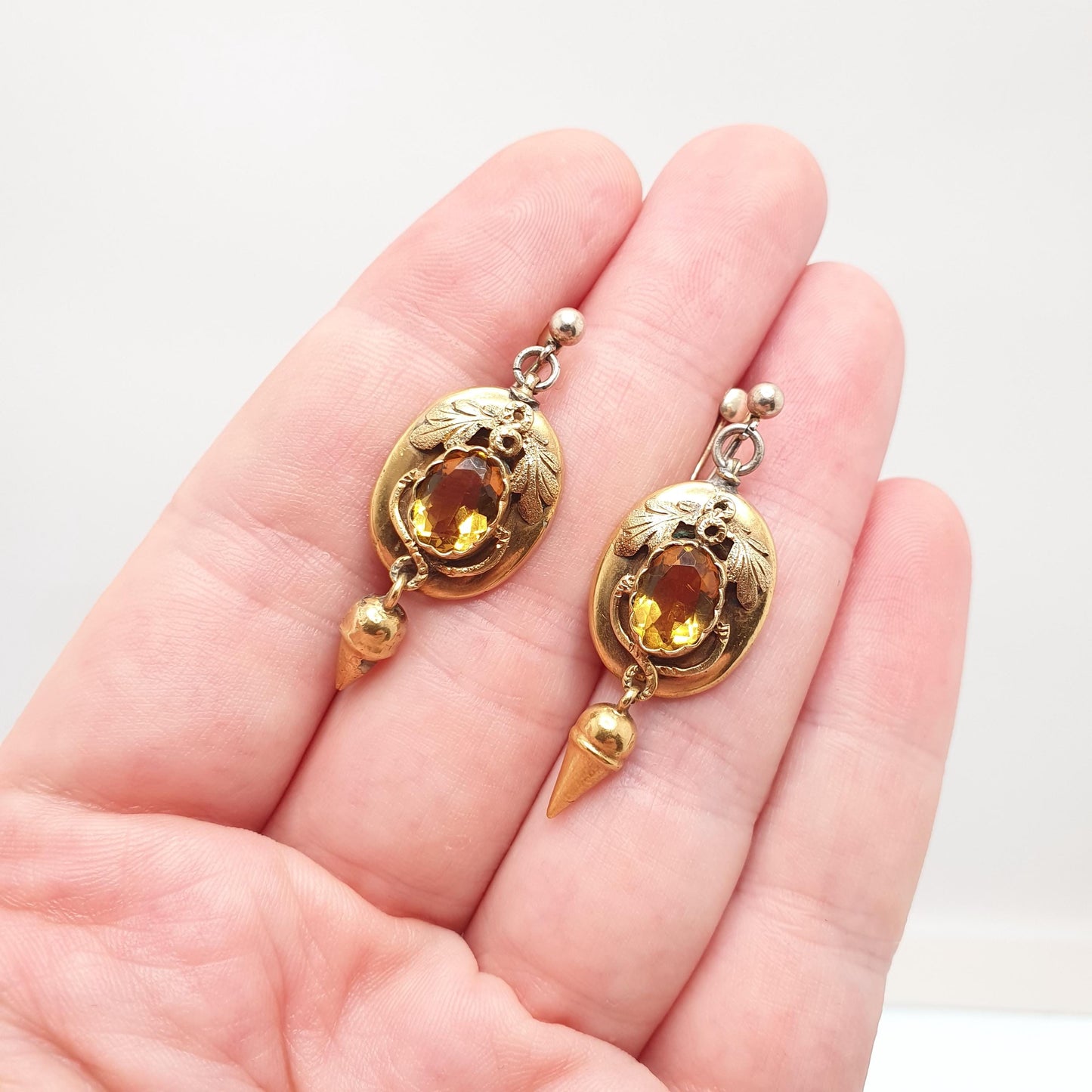 Antique Victorian Rolled Gold Citrine Paste Earrings Hanging Tassel Drop Gold Filled Oval Cut Etruscan Vintage Womens Jewellery Jewelry