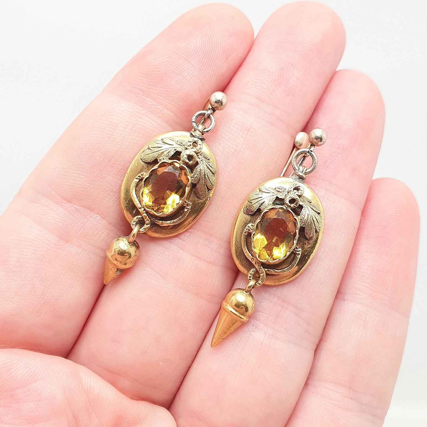 Antique Victorian Rolled Gold Citrine Paste Earrings Hanging Tassel Drop Gold Filled Oval Cut Etruscan Vintage Womens Jewellery Jewelry