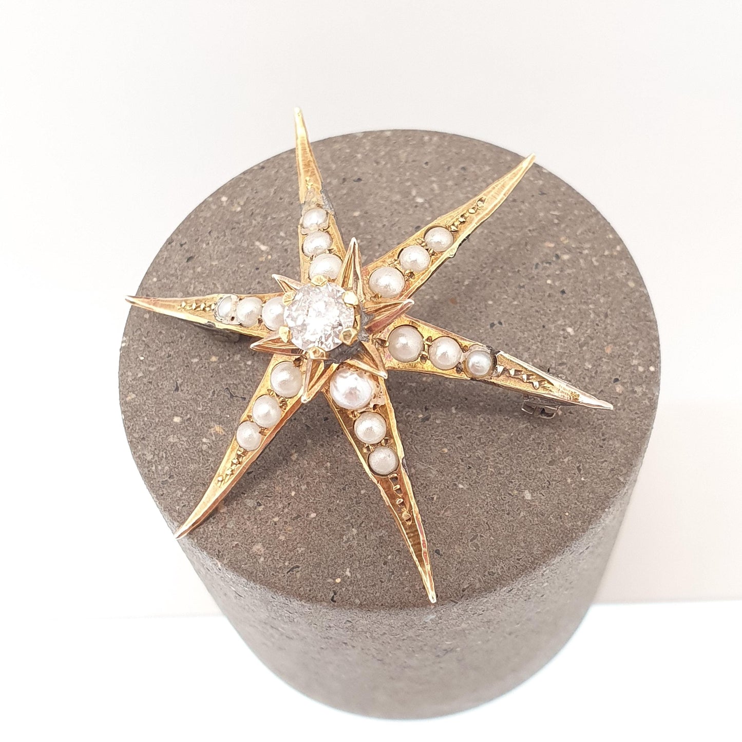 Antique 9ct Gold Star Brooch Natural Diamond & Seed Pearl Solid 9k 375 Victorian Brooch 6 Point Celestial 1800s Vintage Jewellery Jewelry