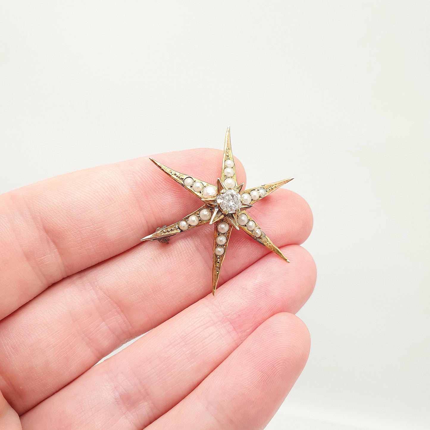 Antique 9ct Gold Star Brooch Natural Diamond & Seed Pearl Solid 9k 375 Victorian Brooch 6 Point Celestial 1800s Vintage Jewellery Jewelry