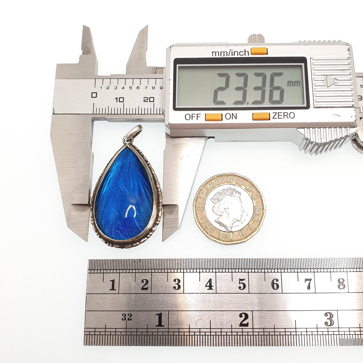 Antique Solid Silver Butterfly Wing Necklace Pendant Large Pear Art Deco Round Vintage 1920s Blue Bug Fly Insect Jewelry Jewellery Womens