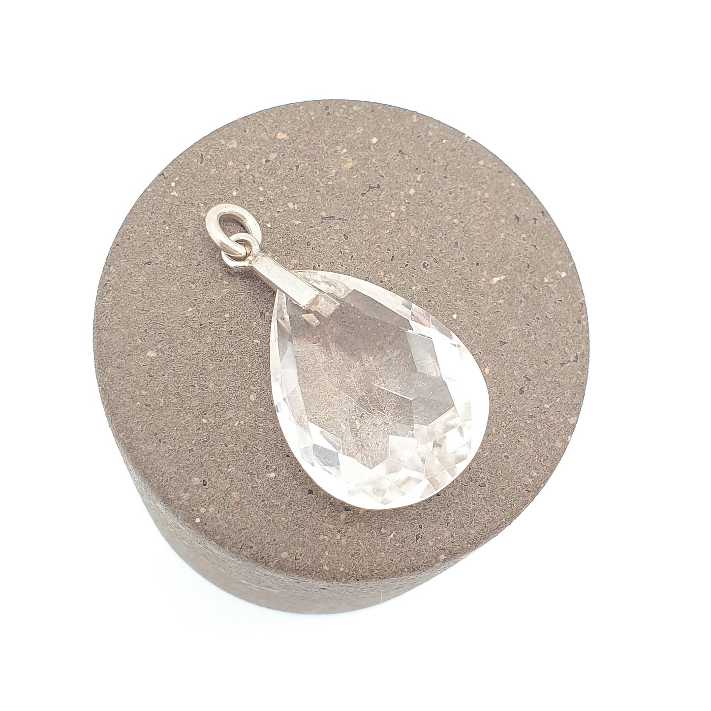 Antique Rock Crystal Quartz Pendant Necklace Art Deco Pear Cut Solid Silver Small Cute Faceted Gemstone Clear Style Womens Jewelry Jewellery