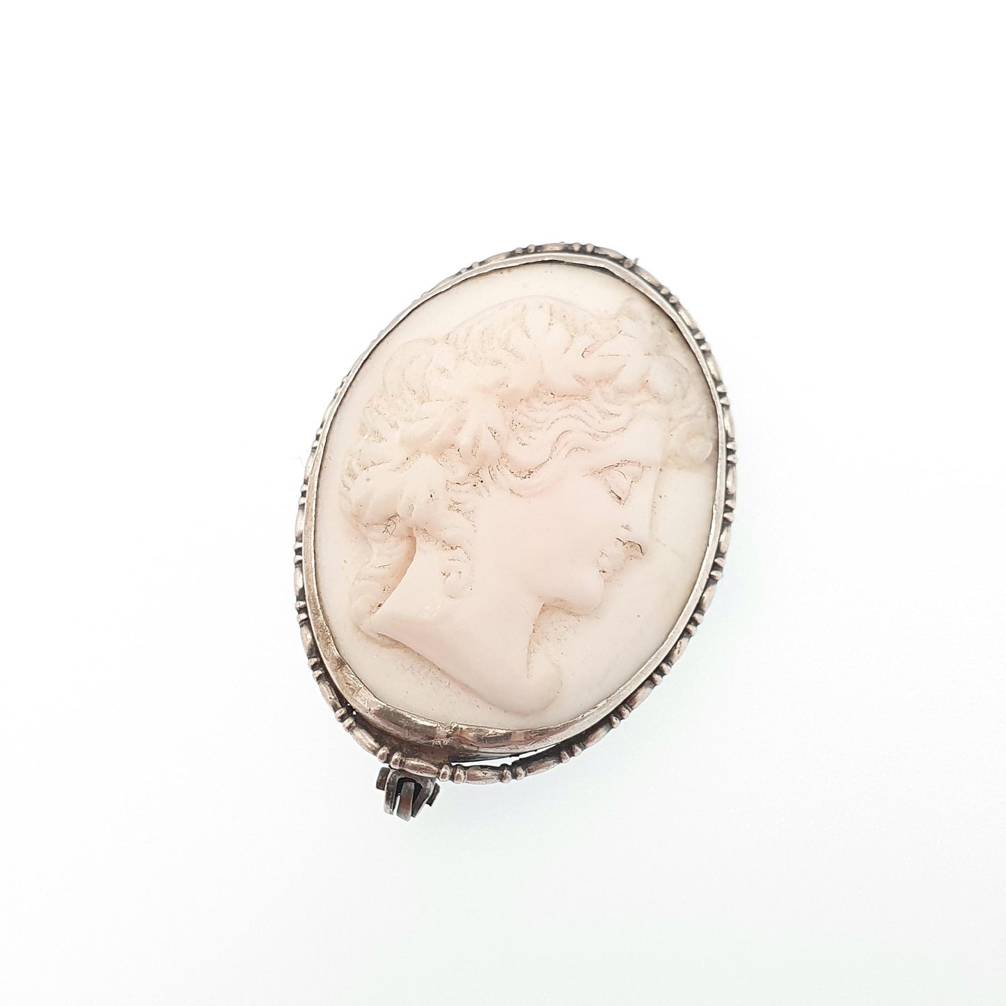Antique Victorian Cameo Solid Silver Brooch Pink Conch Shell High Relief Large Big Vintage Rope Handmade 1800s Womens Jewelry Jewellery