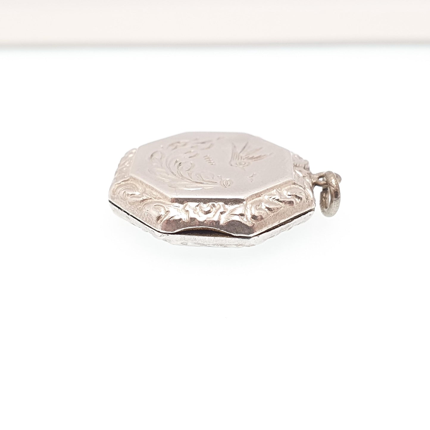 Antique Solid Silver Bird Locket Octagonal Octagon Geometric Small Cute Necklace Vintage Pendant Picture Photo Womens Jewelry Jewellery