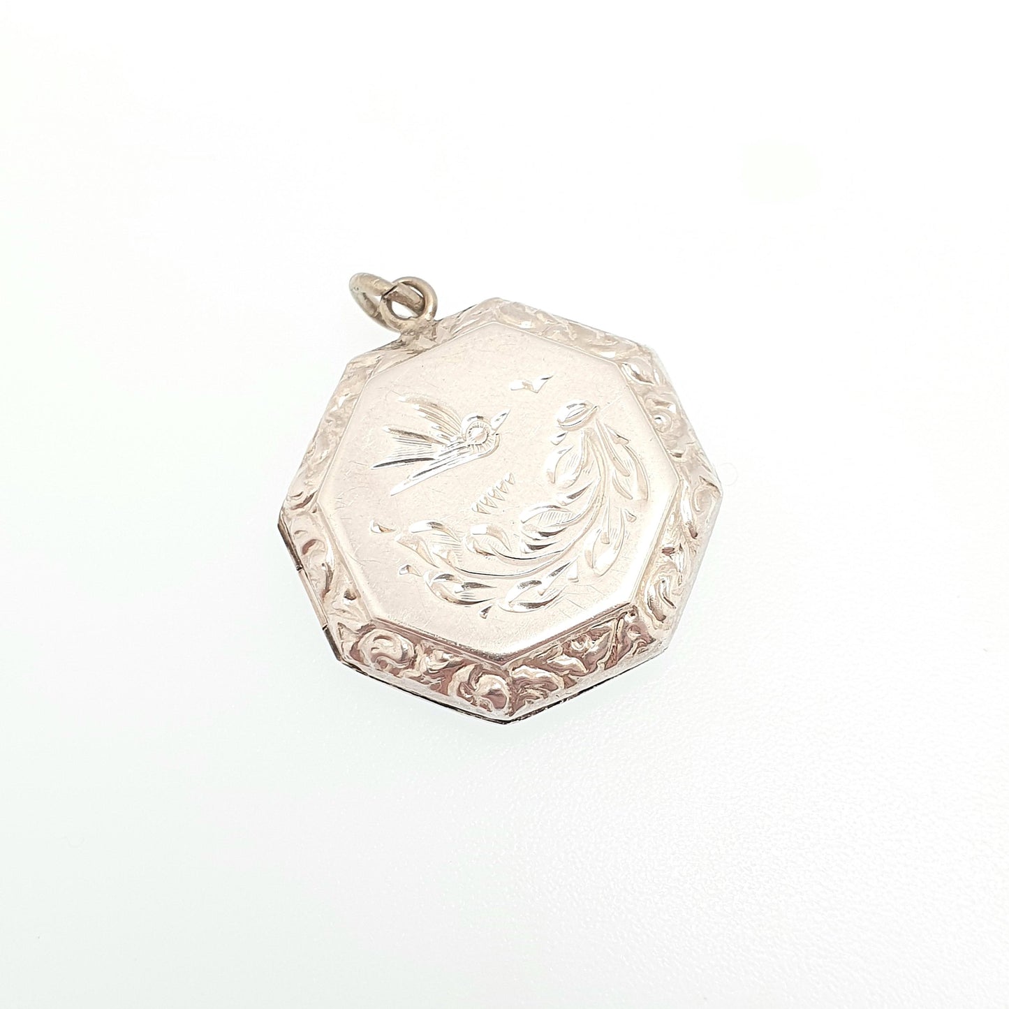 Antique Solid Silver Bird Locket Octagonal Octagon Geometric Small Cute Necklace Vintage Pendant Picture Photo Womens Jewelry Jewellery
