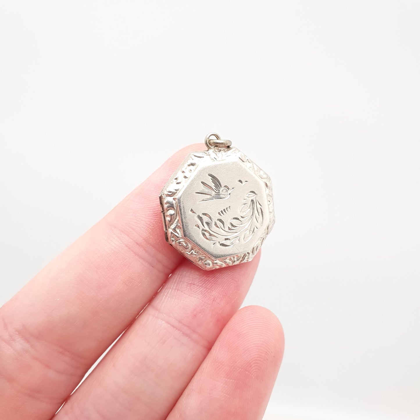 Antique Solid Silver Bird Locket Octagonal Octagon Geometric Small Cute Necklace Vintage Pendant Picture Photo Womens Jewelry Jewellery