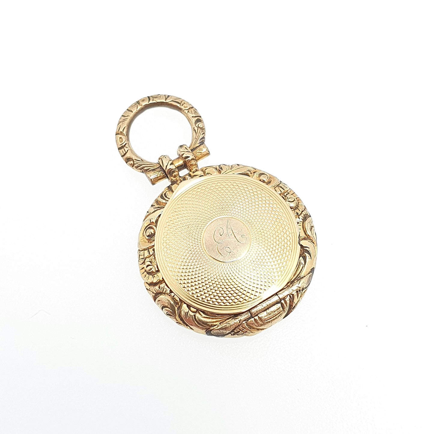 Antique Victorian 9ct 9k Gold Locket Necklace Pendant Pocket Watch Style Chased Border Solid Back & Front Style Picture Jewelry Jewellery