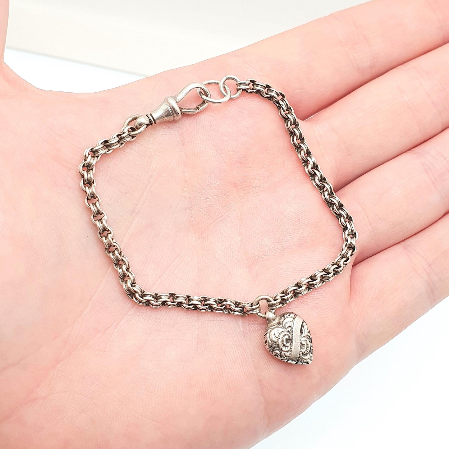 RESERVED/SOLD DON Antique Solid Silver Albertina Bracelet Victorian Heart Charm Dog Clip Belcher Link Chain 6.88g 19.5cm