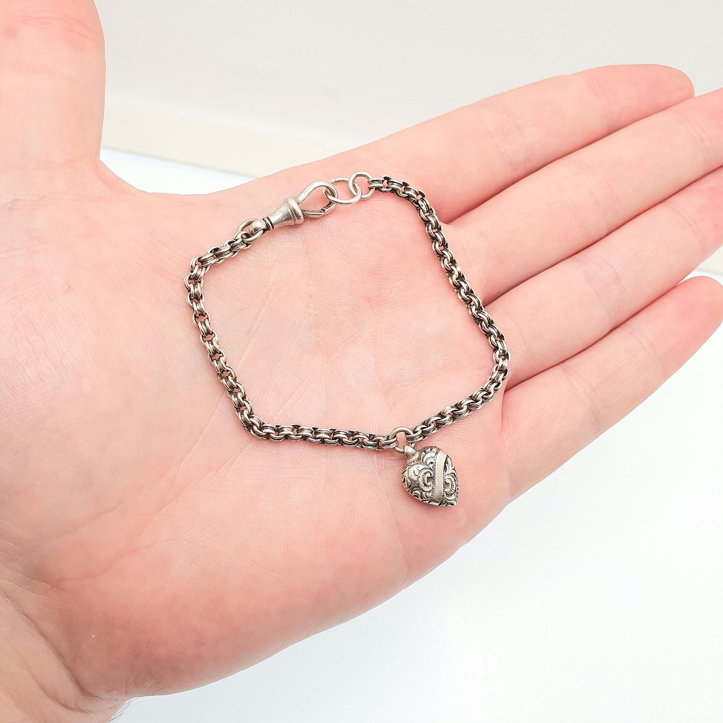 RESERVED/SOLD DON Antique Solid Silver Albertina Bracelet Victorian Heart Charm Dog Clip Belcher Link Chain 6.88g 19.5cm