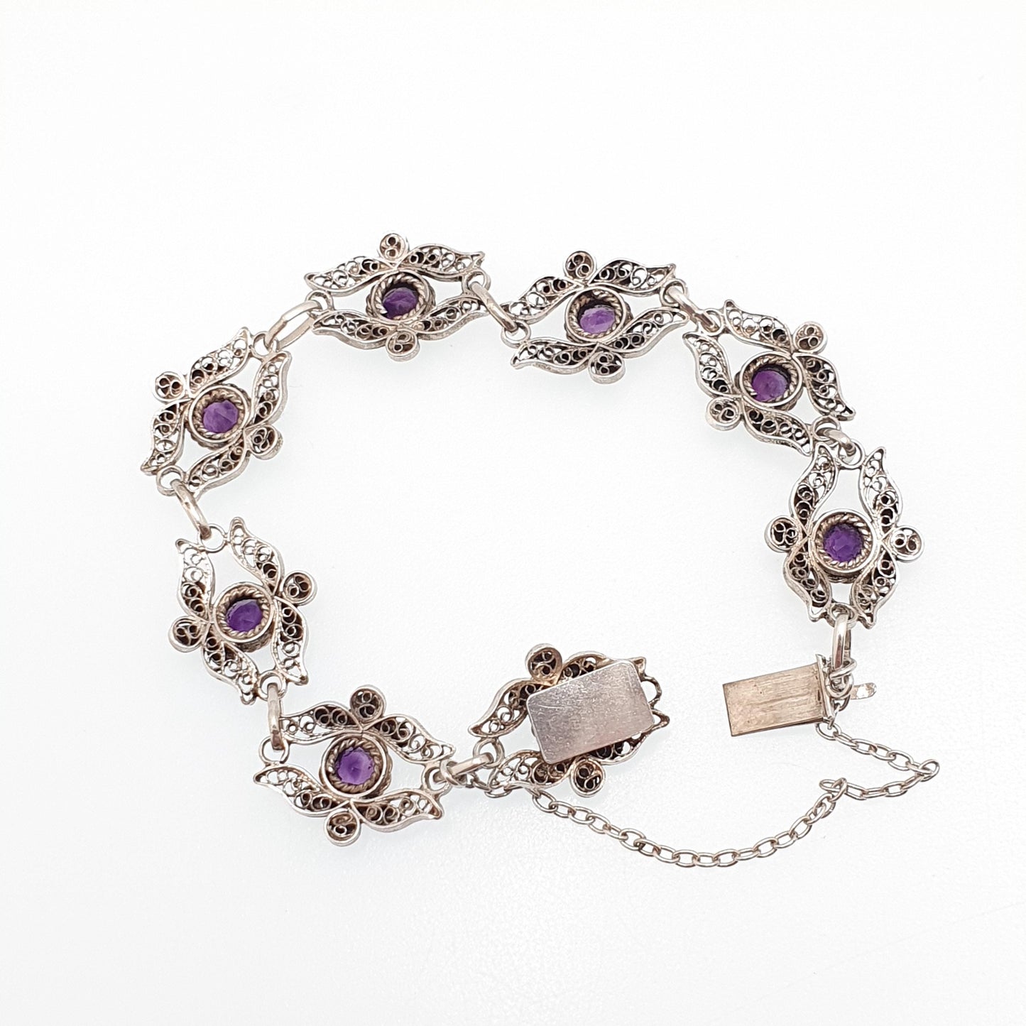Antique Solid Silver Amethyst Bracelet Filigree Genuine Gemstone European Purple Quartz Handmade Estate Vintage Womens Jewelry Jewellery