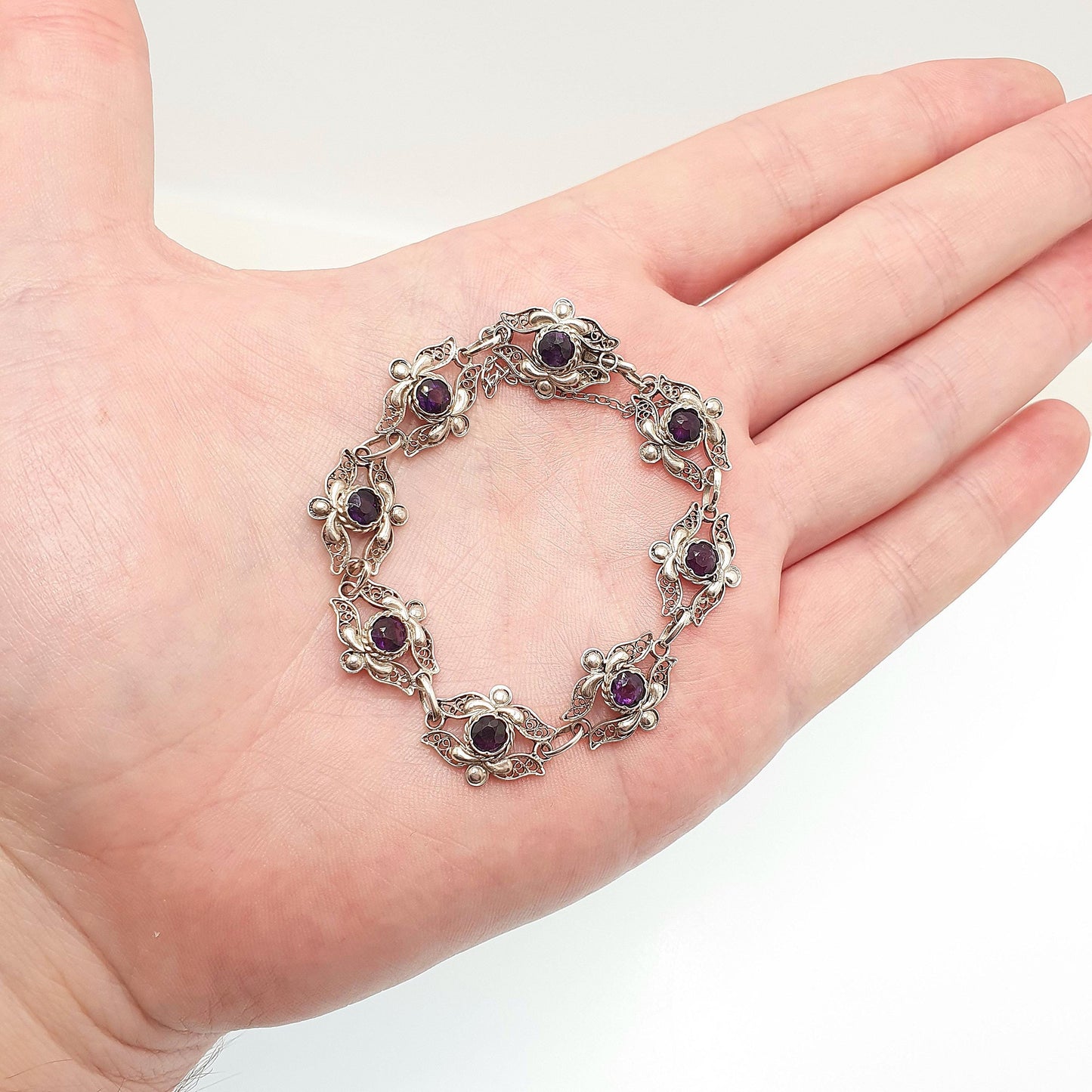 Antique Solid Silver Amethyst Bracelet Filigree Genuine Gemstone European Purple Quartz Handmade Estate Vintage Womens Jewelry Jewellery