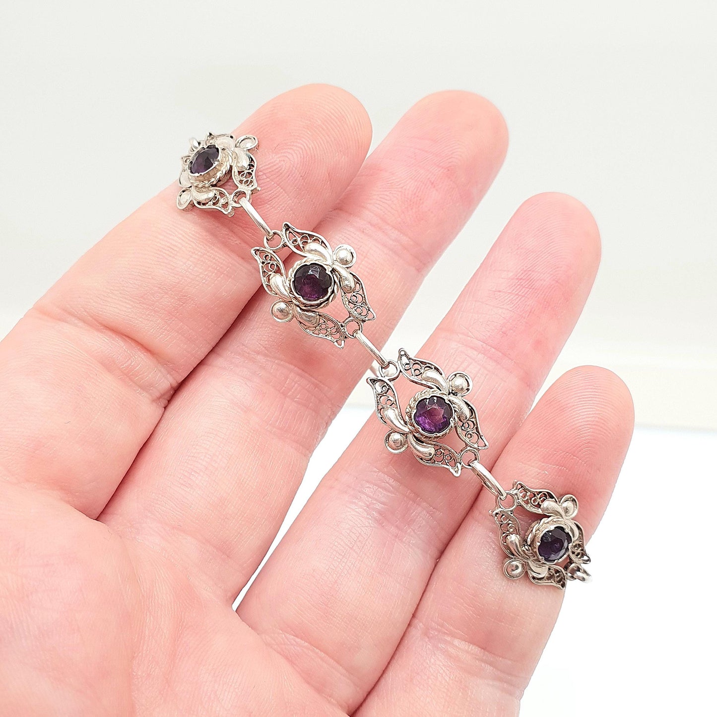 Antique Solid Silver Amethyst Bracelet Filigree Genuine Gemstone European Purple Quartz Handmade Estate Vintage Womens Jewelry Jewellery