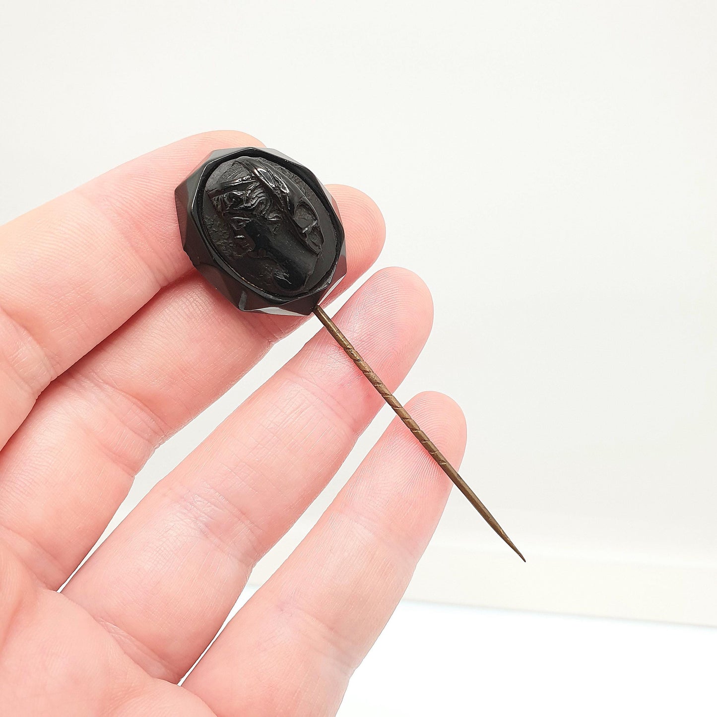Antique Victorian Whitby Jet Stick Pin Cameo Bust Hand Carved Genuine Authentic Mourning Lapel Jacket 1800s Black Genuine Jewelry Jewellery